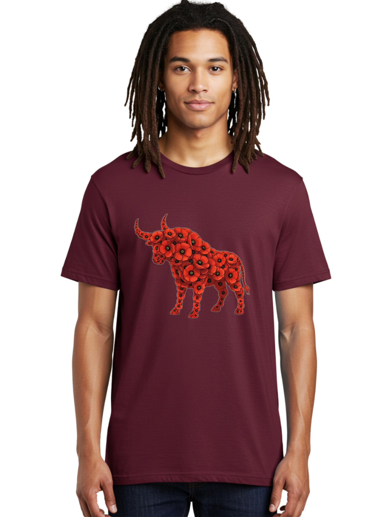 Bull-With-Poppies Men'S Graphic Tee, 100% Cotton, Comfortable Casual Summer Wear, Machine Washable, Red Poppy Flowers, Floral Bull, Bull Silhouette, Vibrant Flowers, Botanical Art, Floral Design, Bull Design, Flowers Bae141