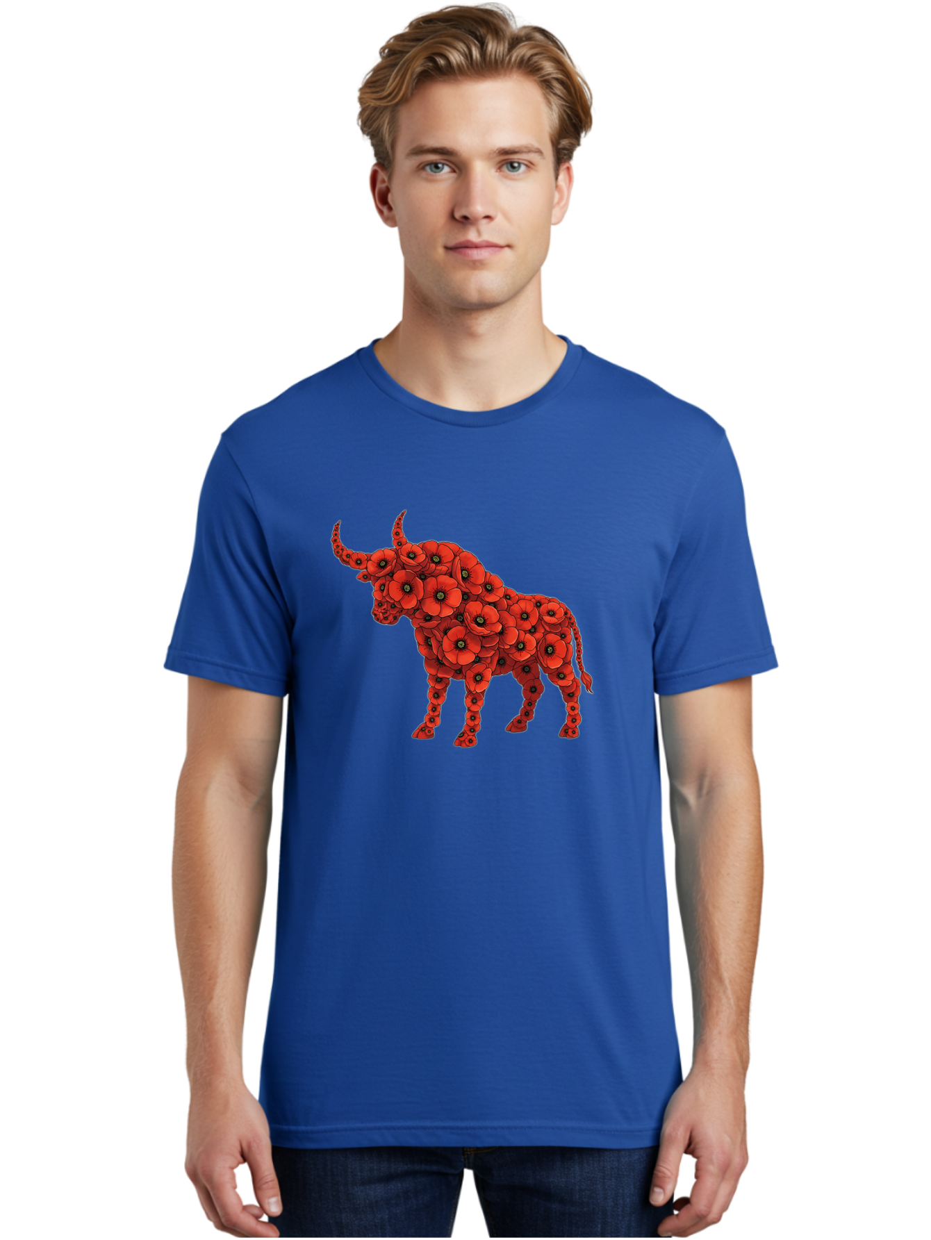 Bull-With-Poppies Men'S Graphic Tee, 100% Cotton, Comfortable Casual Summer Wear, Machine Washable, Red Poppy Flowers, Floral Bull, Bull Silhouette, Vibrant Flowers, Botanical Art, Floral Design, Bull Design, Flowers Bae141