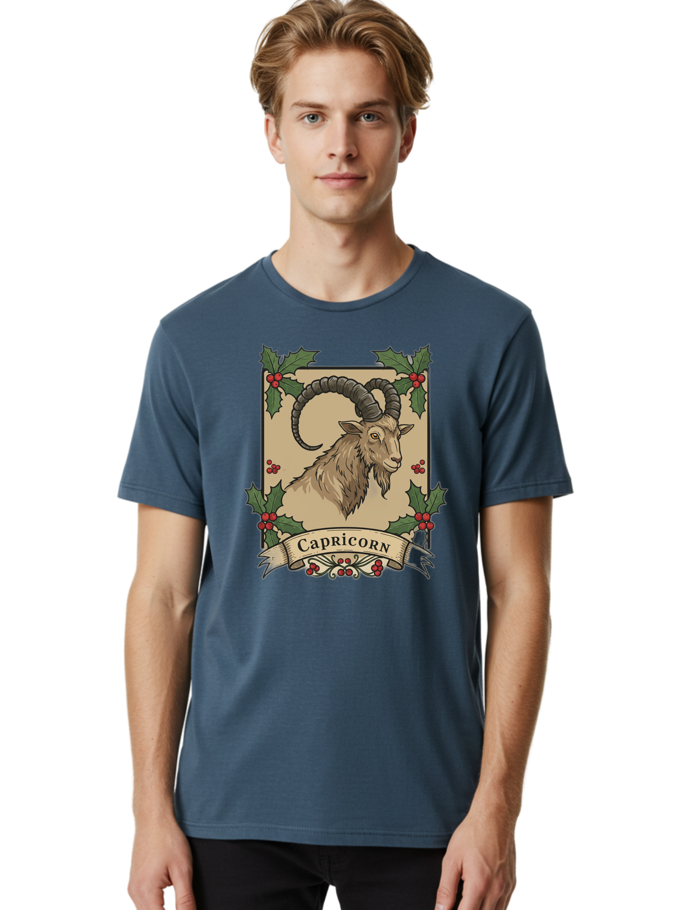 Capricorn-Goat Men'S Graphic Tee, 100% Cotton, Comfortable Casual Summer Wear, Machine Washable, Capricorn Zodiac Sign, Goat Illustration, Curved Horns, Vintage Design, Holly Leaves, Red Berries, Decorative Banner, Astrology Symbol, Bae146