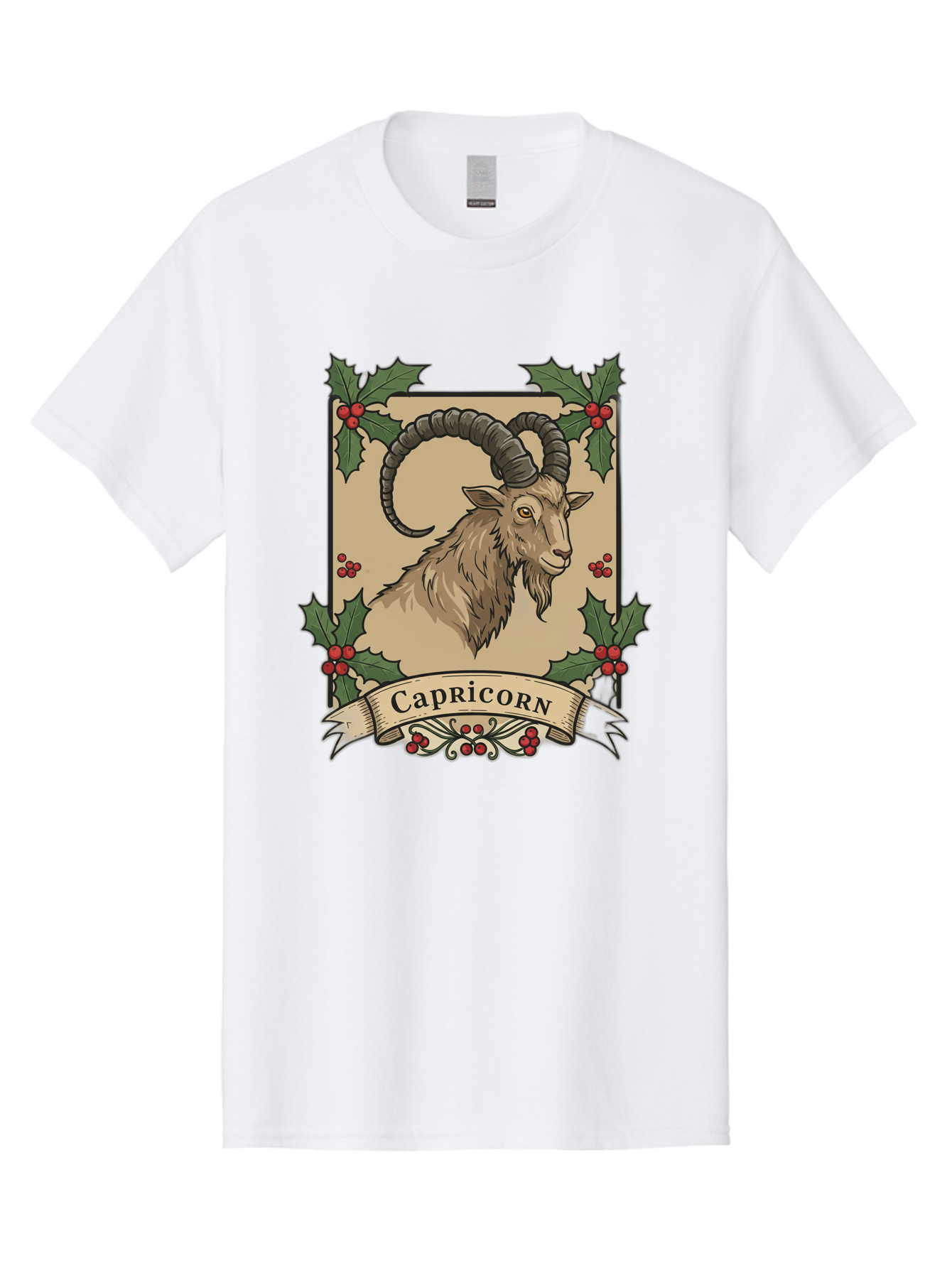 Capricorn-Goat Men'S Graphic Tee, 100% Cotton, Comfortable Casual Summer Wear, Machine Washable, Capricorn Zodiac Sign, Goat Illustration, Curved Horns, Vintage Design, Holly Leaves, Red Berries, Decorative Banner, Astrology Symbol, Bae146