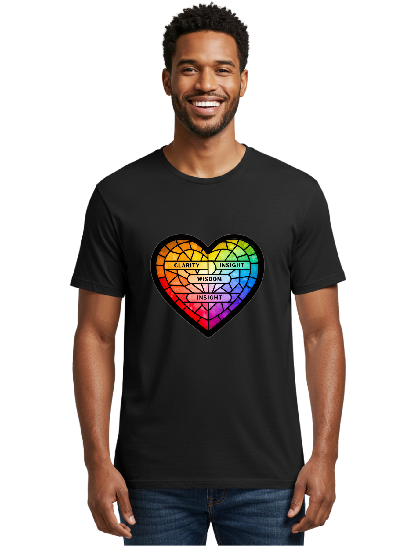 Clarity-Insight-Wisdom Men'S Graphic Tee, 100% Cotton, Comfortable Casual Summer Wear, Machine Washable, Stained Glass Heart, Rainbow Colors, Clarity, Insight, Wisdom, Inspirational Art, Colorful Design, Motivational Quotes, Vibrant Heart Bae150