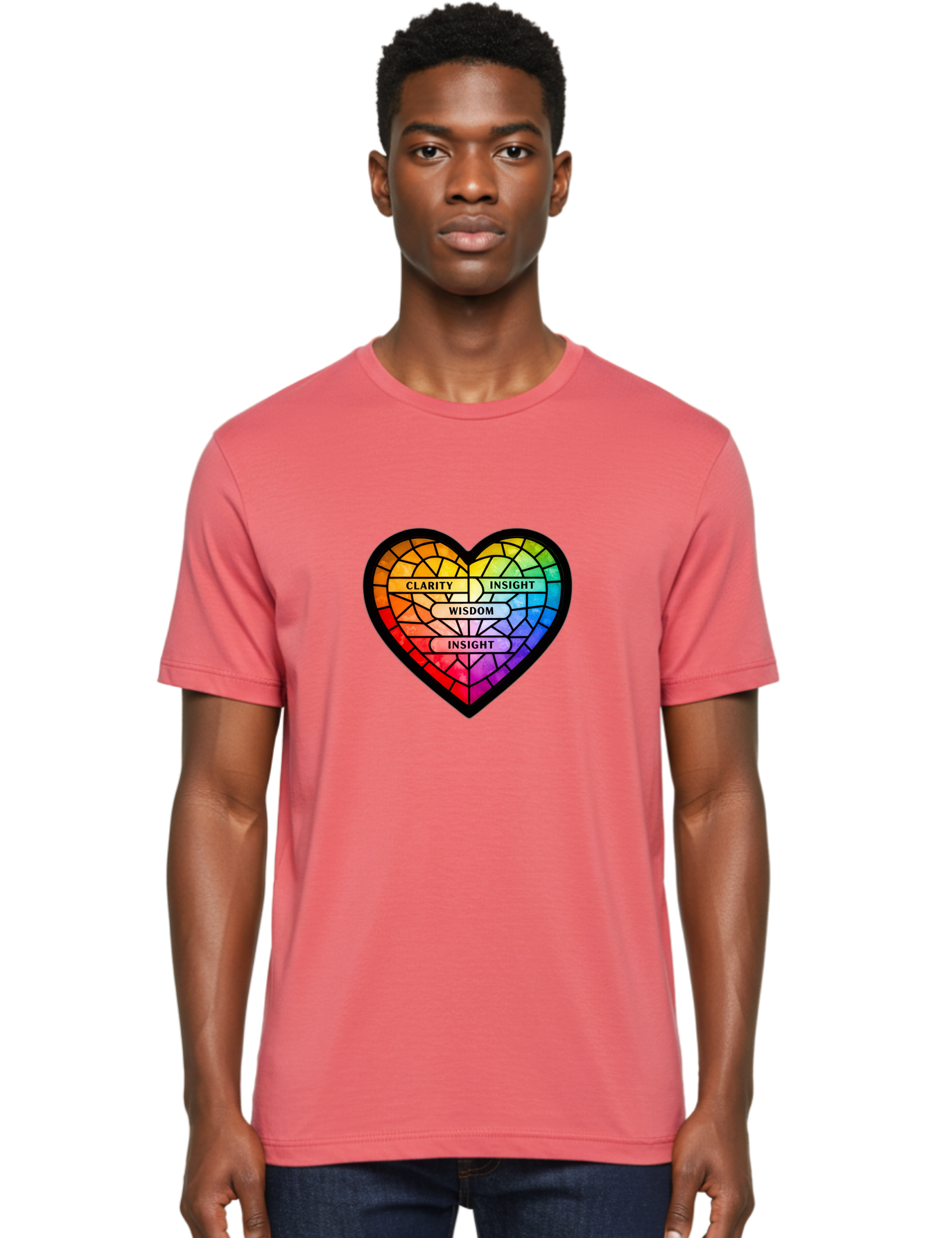 Clarity-Insight-Wisdom Men'S Graphic Tee, 100% Cotton, Comfortable Casual Summer Wear, Machine Washable, Stained Glass Heart, Rainbow Colors, Clarity, Insight, Wisdom, Inspirational Art, Colorful Design, Motivational Quotes, Vibrant Heart Bae150