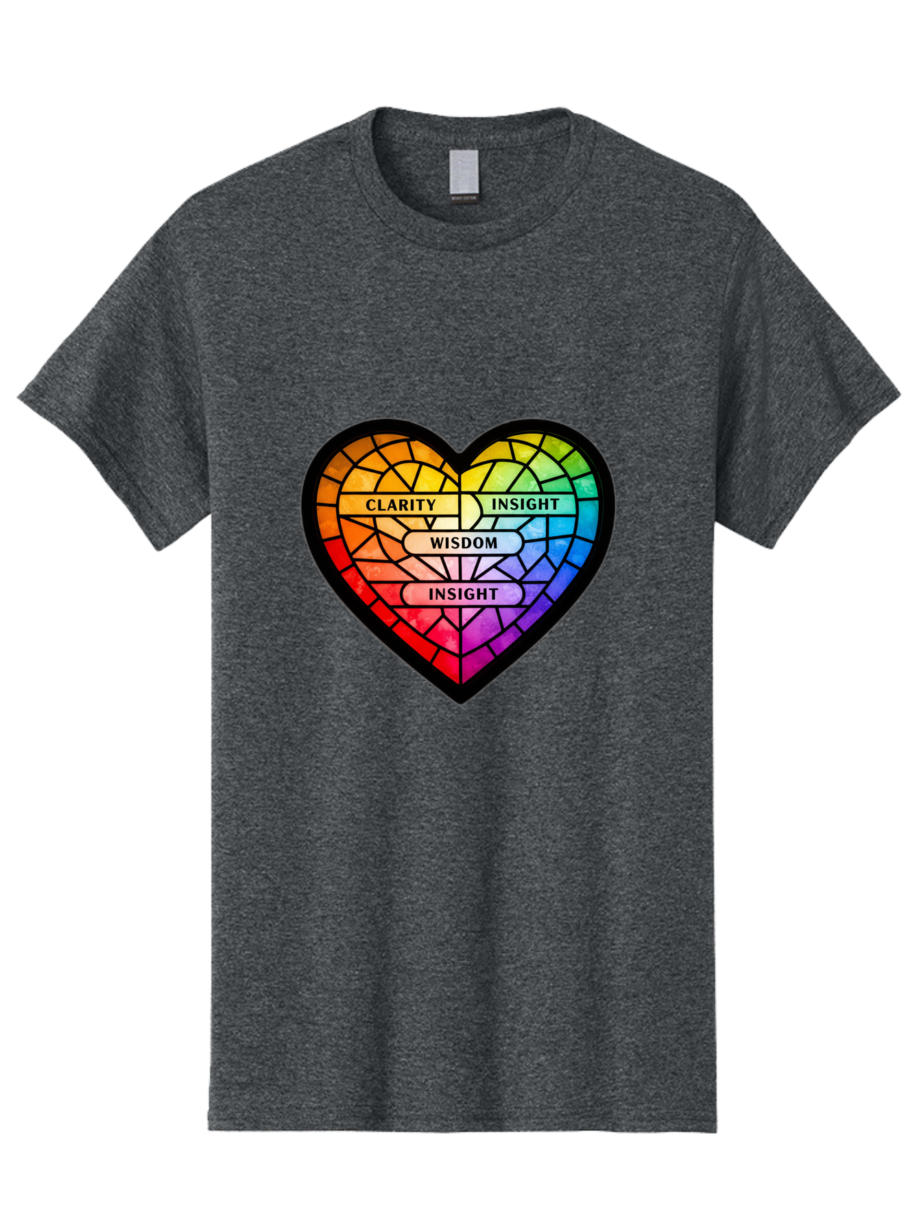Clarity-Insight-Wisdom Men'S Graphic Tee, 100% Cotton, Comfortable Casual Summer Wear, Machine Washable, Stained Glass Heart, Rainbow Colors, Clarity, Insight, Wisdom, Inspirational Art, Colorful Design, Motivational Quotes, Vibrant Heart Bae150