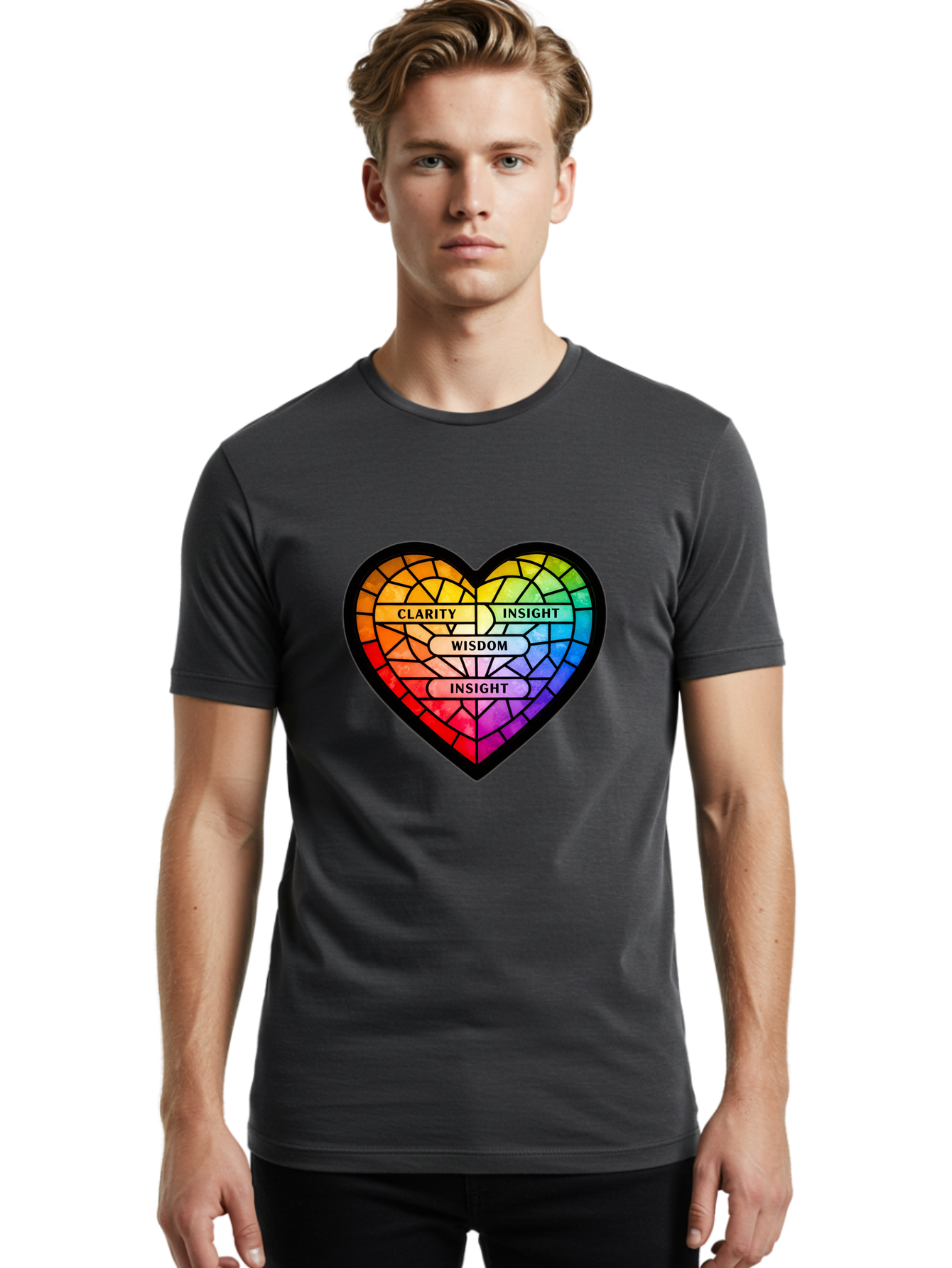 Clarity-Insight-Wisdom Men'S Graphic Tee, 100% Cotton, Comfortable Casual Summer Wear, Machine Washable, Stained Glass Heart, Rainbow Colors, Clarity, Insight, Wisdom, Inspirational Art, Colorful Design, Motivational Quotes, Vibrant Heart Bae150