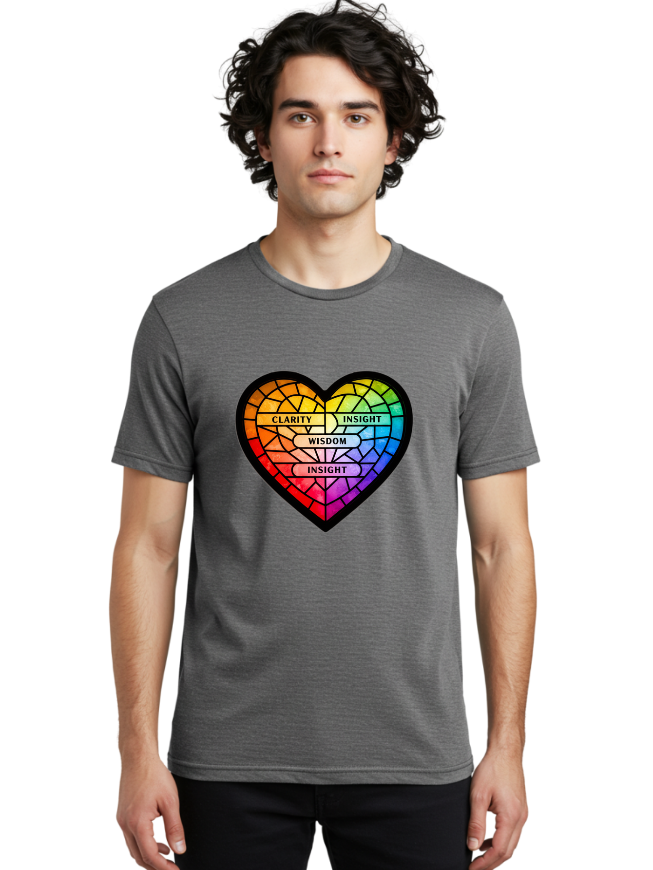 Clarity-Insight-Wisdom Men'S Graphic Tee, 100% Cotton, Comfortable Casual Summer Wear, Machine Washable, Stained Glass Heart, Rainbow Colors, Clarity, Insight, Wisdom, Inspirational Art, Colorful Design, Motivational Quotes, Vibrant Heart Bae150