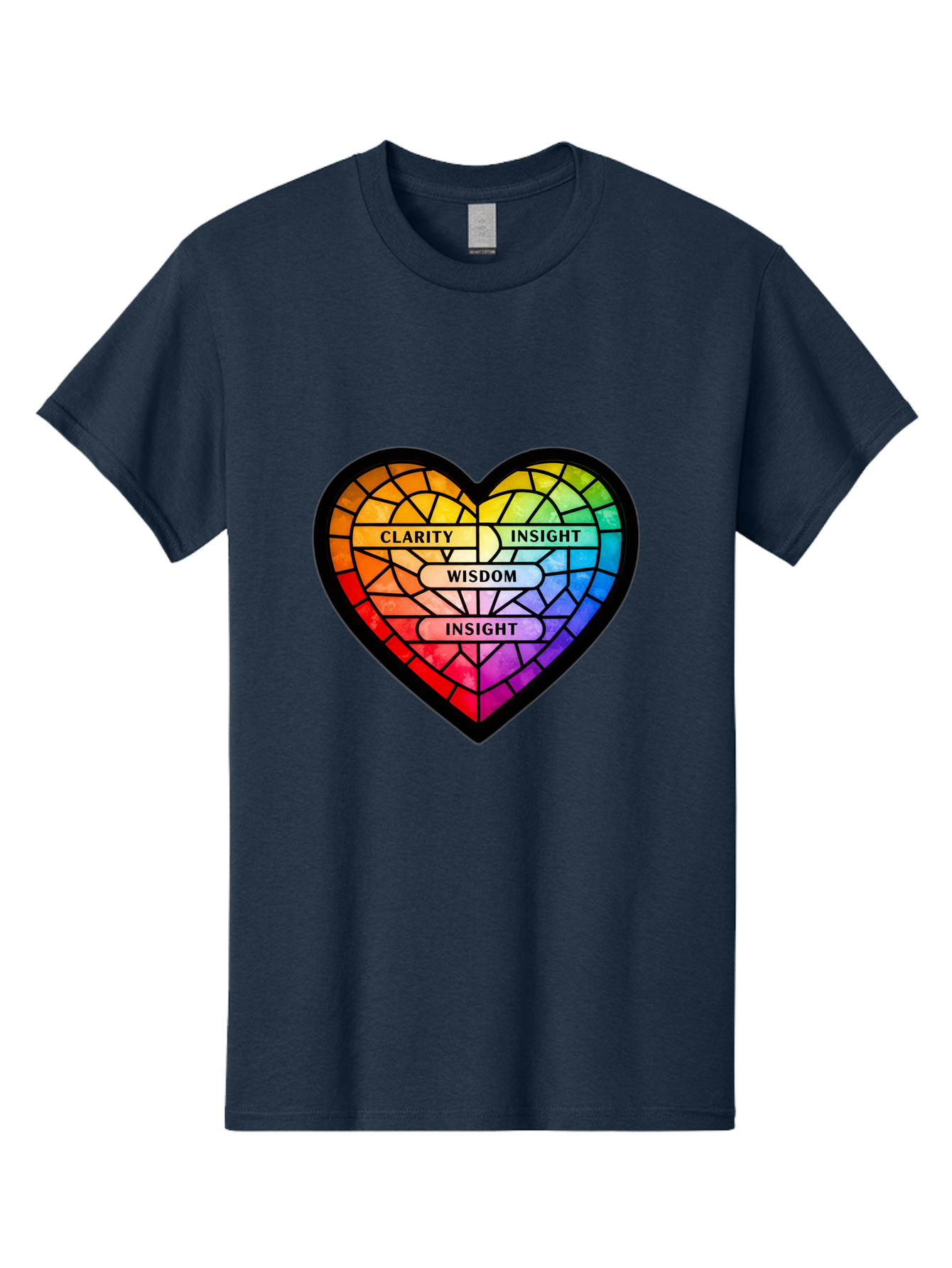 Clarity-Insight-Wisdom Men'S Graphic Tee, 100% Cotton, Comfortable Casual Summer Wear, Machine Washable, Stained Glass Heart, Rainbow Colors, Clarity, Insight, Wisdom, Inspirational Art, Colorful Design, Motivational Quotes, Vibrant Heart Bae150