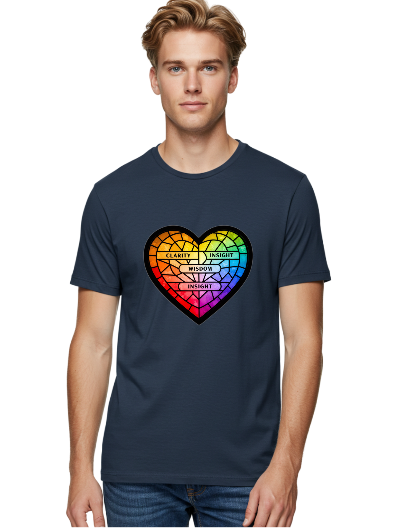 Clarity-Insight-Wisdom Men'S Graphic Tee, 100% Cotton, Comfortable Casual Summer Wear, Machine Washable, Stained Glass Heart, Rainbow Colors, Clarity, Insight, Wisdom, Inspirational Art, Colorful Design, Motivational Quotes, Vibrant Heart Bae150