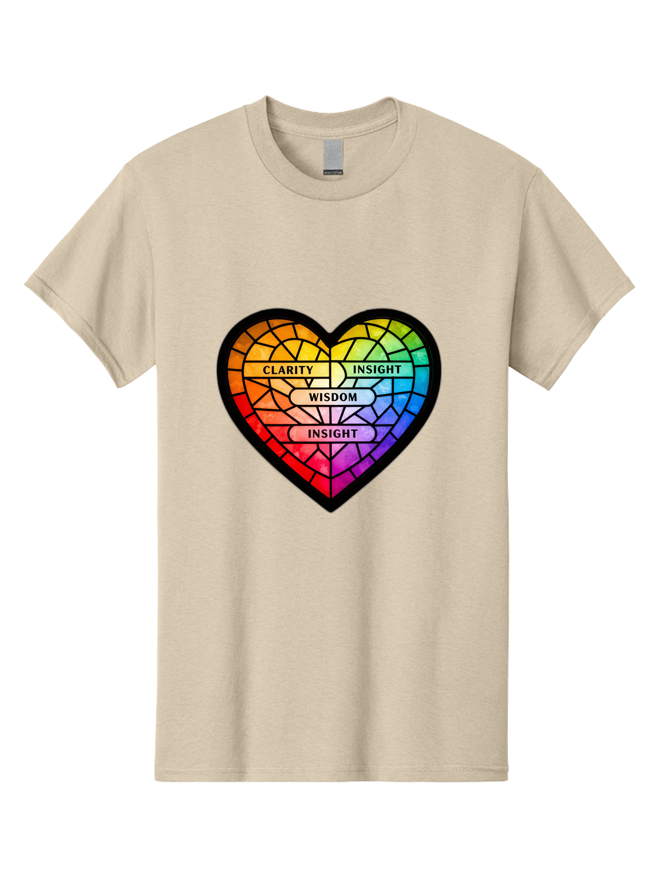 Clarity-Insight-Wisdom Men'S Graphic Tee, 100% Cotton, Comfortable Casual Summer Wear, Machine Washable, Stained Glass Heart, Rainbow Colors, Clarity, Insight, Wisdom, Inspirational Art, Colorful Design, Motivational Quotes, Vibrant Heart Bae150