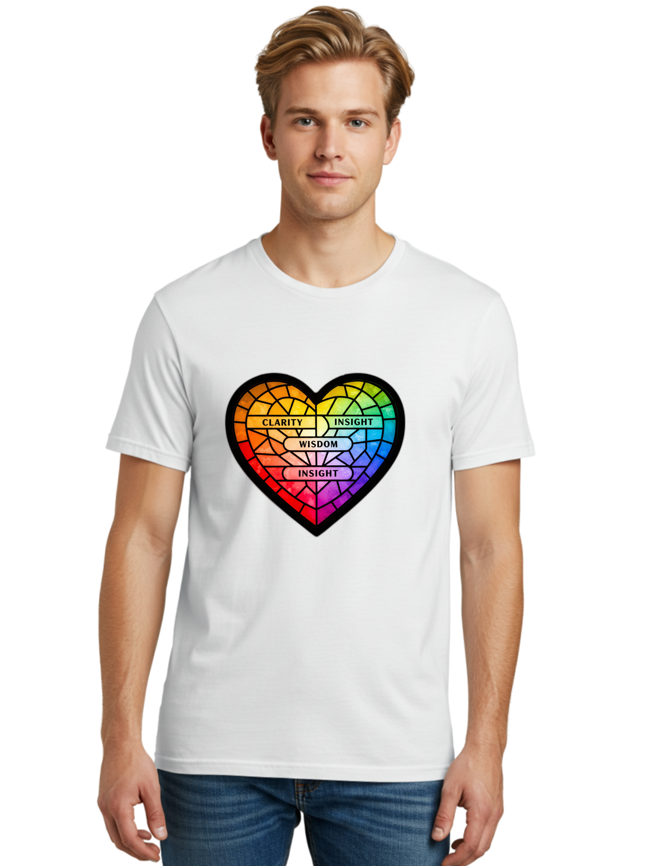 Clarity-Insight-Wisdom Men'S Graphic Tee, 100% Cotton, Comfortable Casual Summer Wear, Machine Washable, Stained Glass Heart, Rainbow Colors, Clarity, Insight, Wisdom, Inspirational Art, Colorful Design, Motivational Quotes, Vibrant Heart Bae150