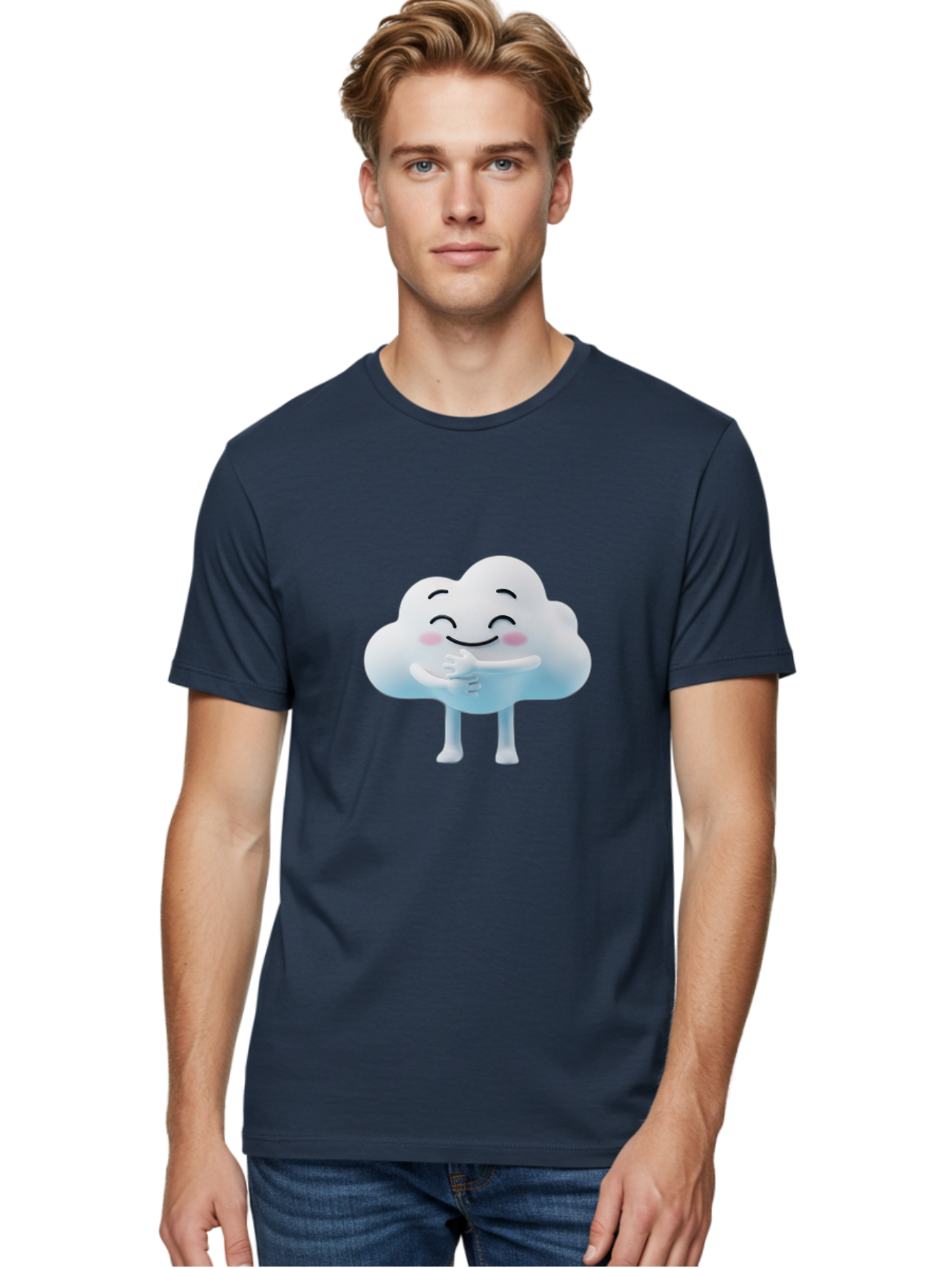Cloud-Character-1 Men'S Graphic Tee, 100% Cotton, Comfortable Casual Summer Wear, Machine Washable, Happy Cloud, Smiling Face, Thumbs Up, Cute Character, Cartoon Style, Friendly Atmosphere, Positive Vibe, Cloud With Legs, Rosy Cheeks Bae151