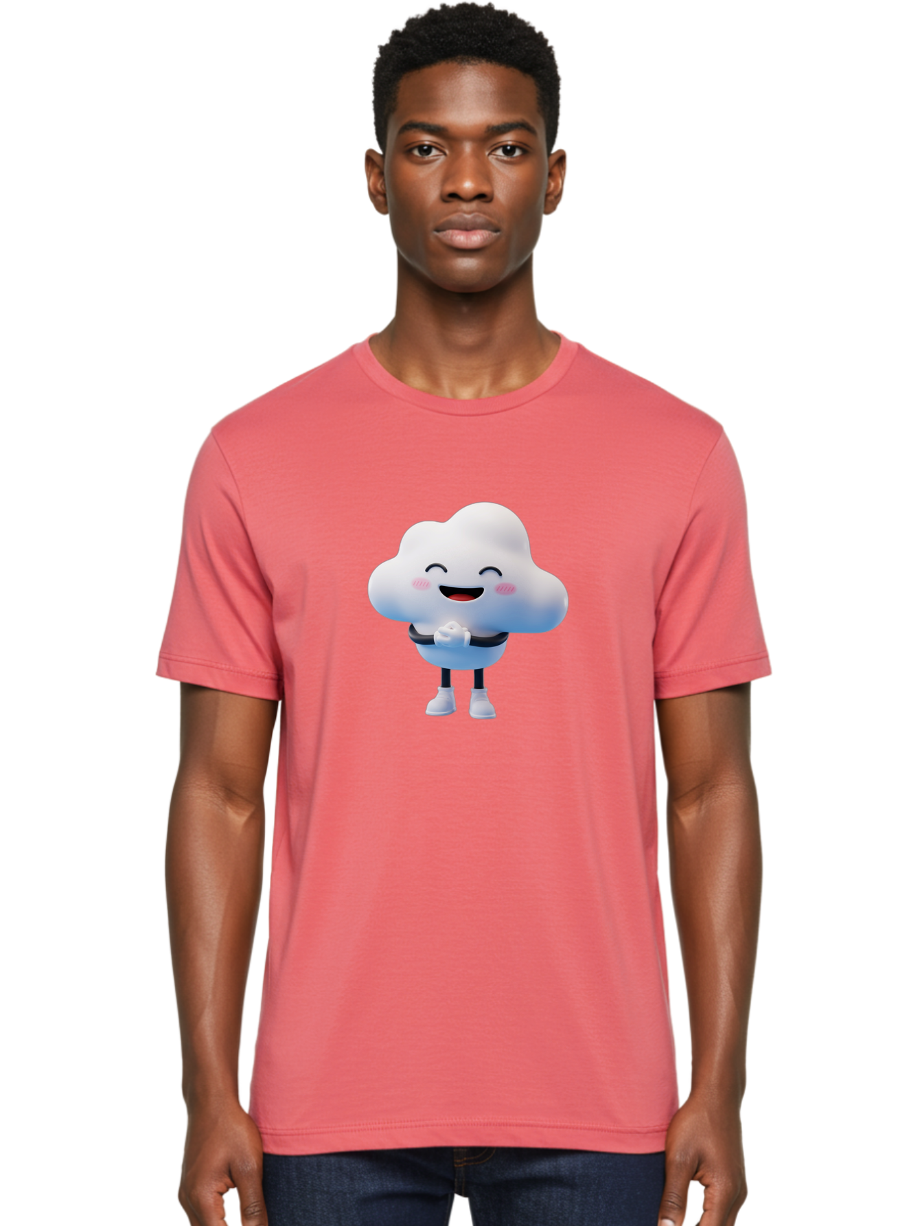 Cloud-Character Men'S Graphic Tee, 100% Cotton, Comfortable Casual Summer Wear, Machine Washable, Cartoon Cloud, Smiling Face, Rosy Cheeks, Happy Expression, Cute Design, Kawaii Character, Digital Illustration, Fluffy Cloud, Friendly Demeanor, Bae152