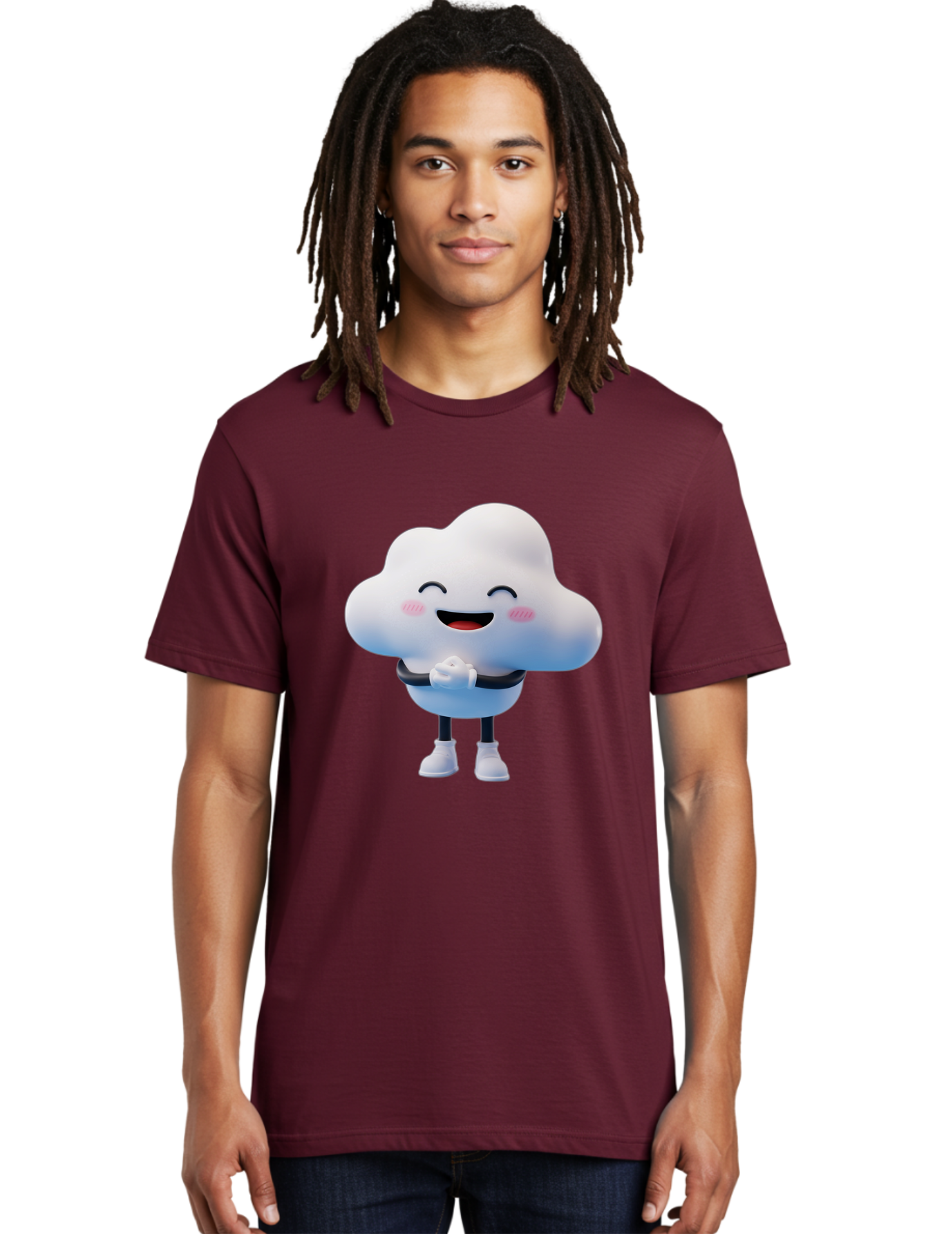 Cloud-Character Men'S Graphic Tee, 100% Cotton, Comfortable Casual Summer Wear, Machine Washable, Cartoon Cloud, Smiling Face, Rosy Cheeks, Happy Expression, Cute Design, Kawaii Character, Digital Illustration, Fluffy Cloud, Friendly Demeanor, Bae152