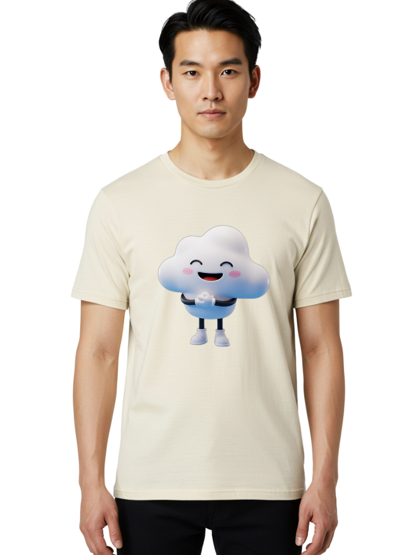 Cloud-Character Men'S Graphic Tee, 100% Cotton, Comfortable Casual Summer Wear, Machine Washable, Cartoon Cloud, Smiling Face, Rosy Cheeks, Happy Expression, Cute Design, Kawaii Character, Digital Illustration, Fluffy Cloud, Friendly Demeanor, Bae152