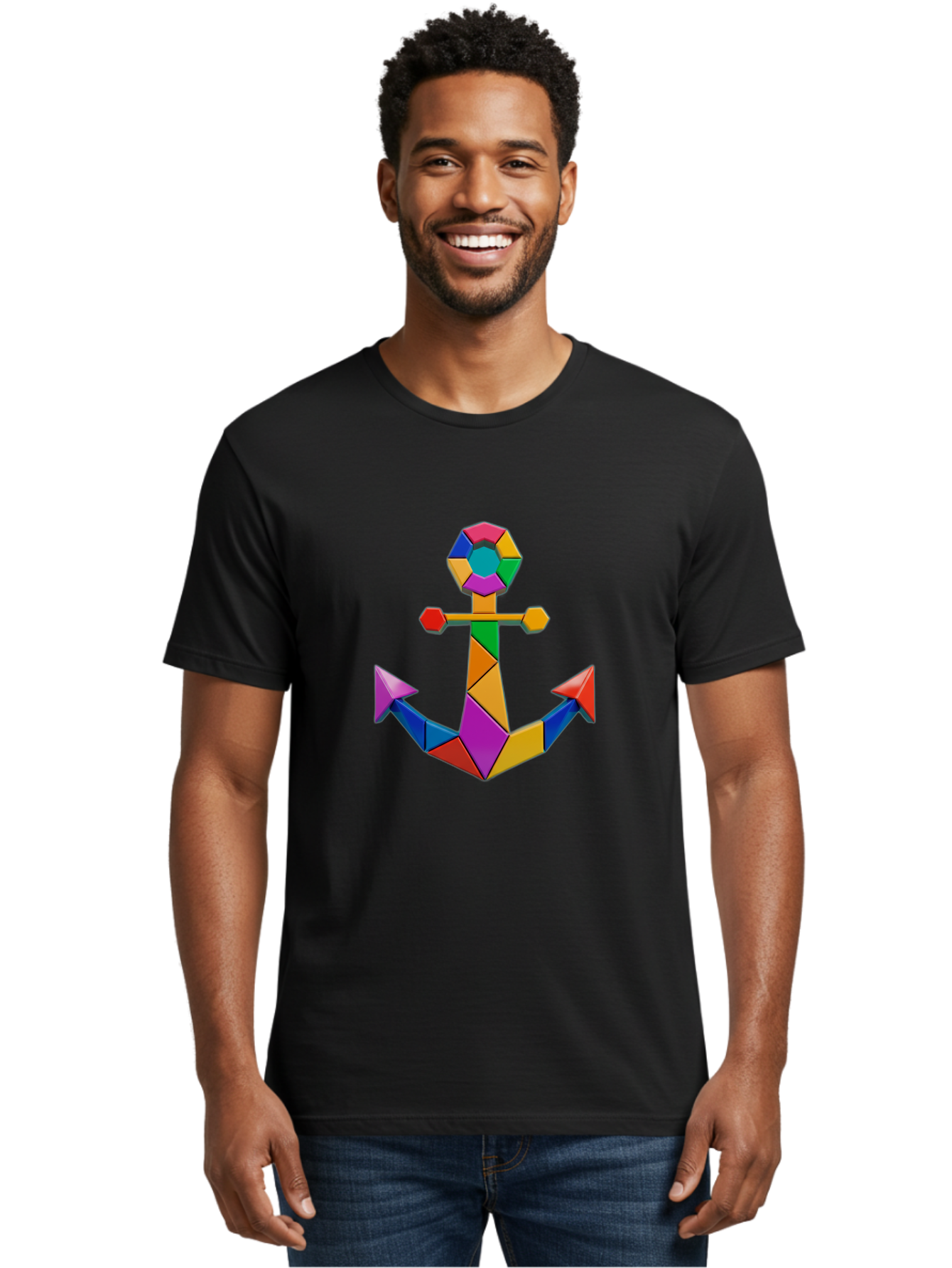 Colorful-Anchor Men'S Graphic Tee, 100% Cotton, Comfortable Casual Summer Wear, Machine Washable, Mosaic Art, Anchor Symbol, Colorful Design, Nautical Theme, Geometric Shapes, Vibrant Colors, Abstract Art, Creative Design, Modern Decoration Bae153