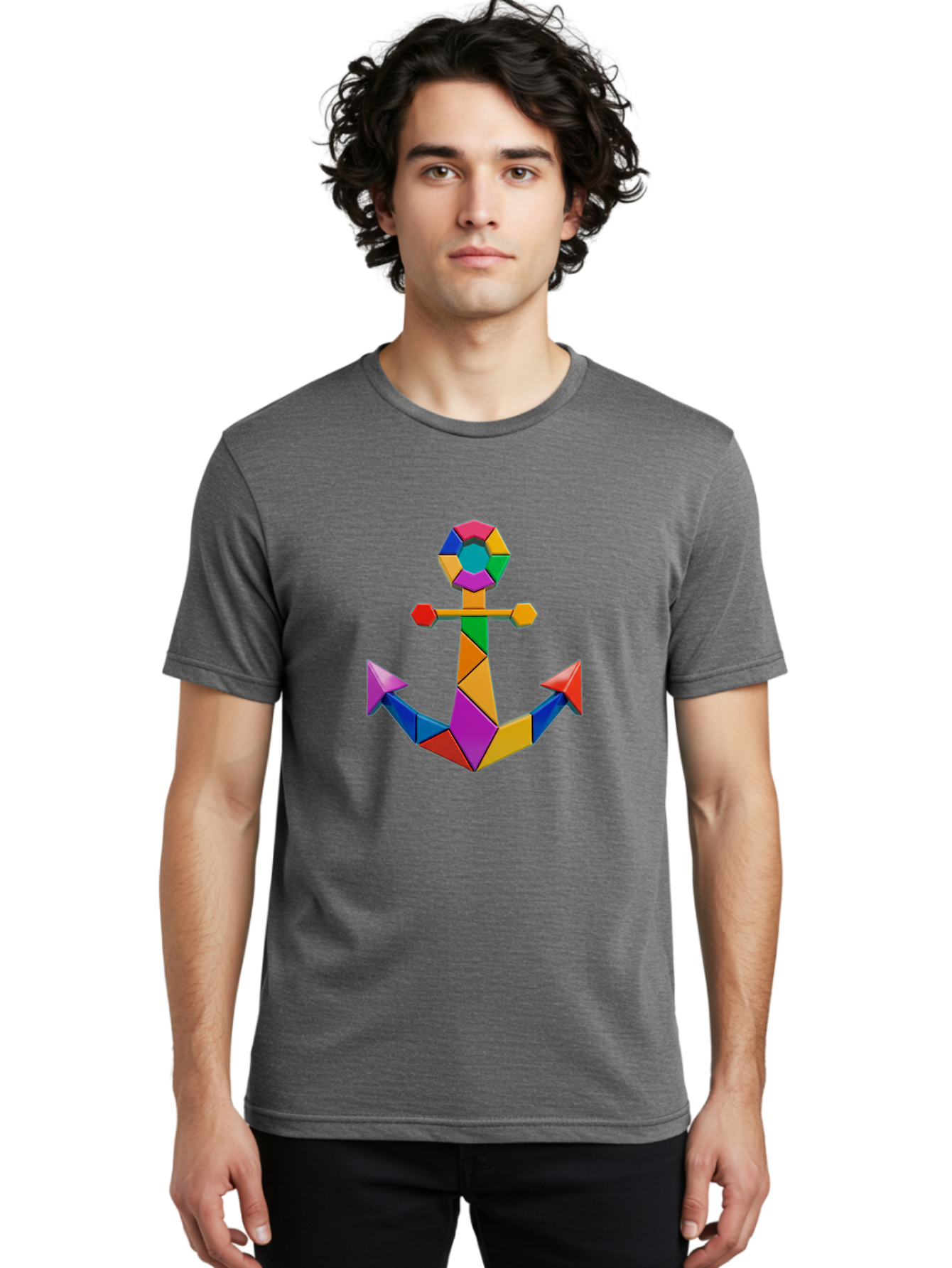Colorful-Anchor Men'S Graphic Tee, 100% Cotton, Comfortable Casual Summer Wear, Machine Washable, Mosaic Art, Anchor Symbol, Colorful Design, Nautical Theme, Geometric Shapes, Vibrant Colors, Abstract Art, Creative Design, Modern Decoration Bae153