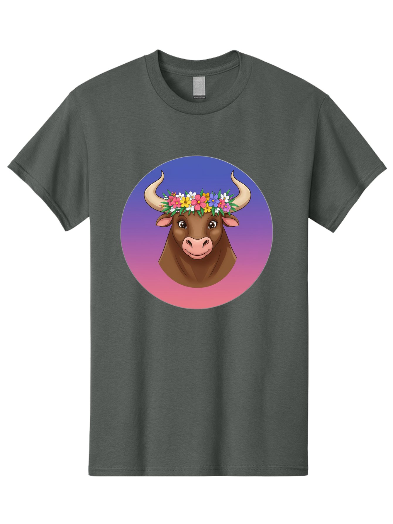 Cow-With-Flowers Men'S Graphic Tee, 100% Cotton, Comfortable Casual Summer Wear, Machine Washable, Cartoon Cow, Floral Crown, Colorful Flowers, Animal Illustration, Vibrant Colors, Whimsical Art, Happy Cow, Flower Power, Nature-Inspired Design Bae158