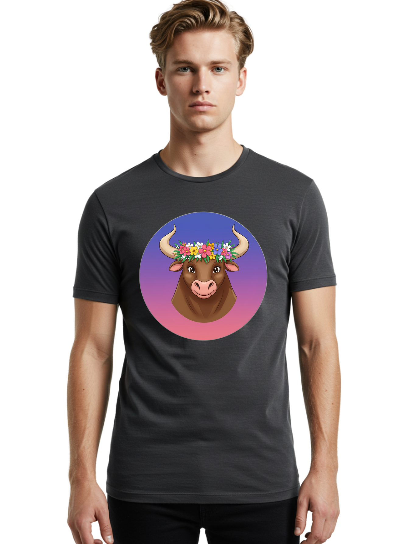 Cow-With-Flowers Men'S Graphic Tee, 100% Cotton, Comfortable Casual Summer Wear, Machine Washable, Cartoon Cow, Floral Crown, Colorful Flowers, Animal Illustration, Vibrant Colors, Whimsical Art, Happy Cow, Flower Power, Nature-Inspired Design Bae158