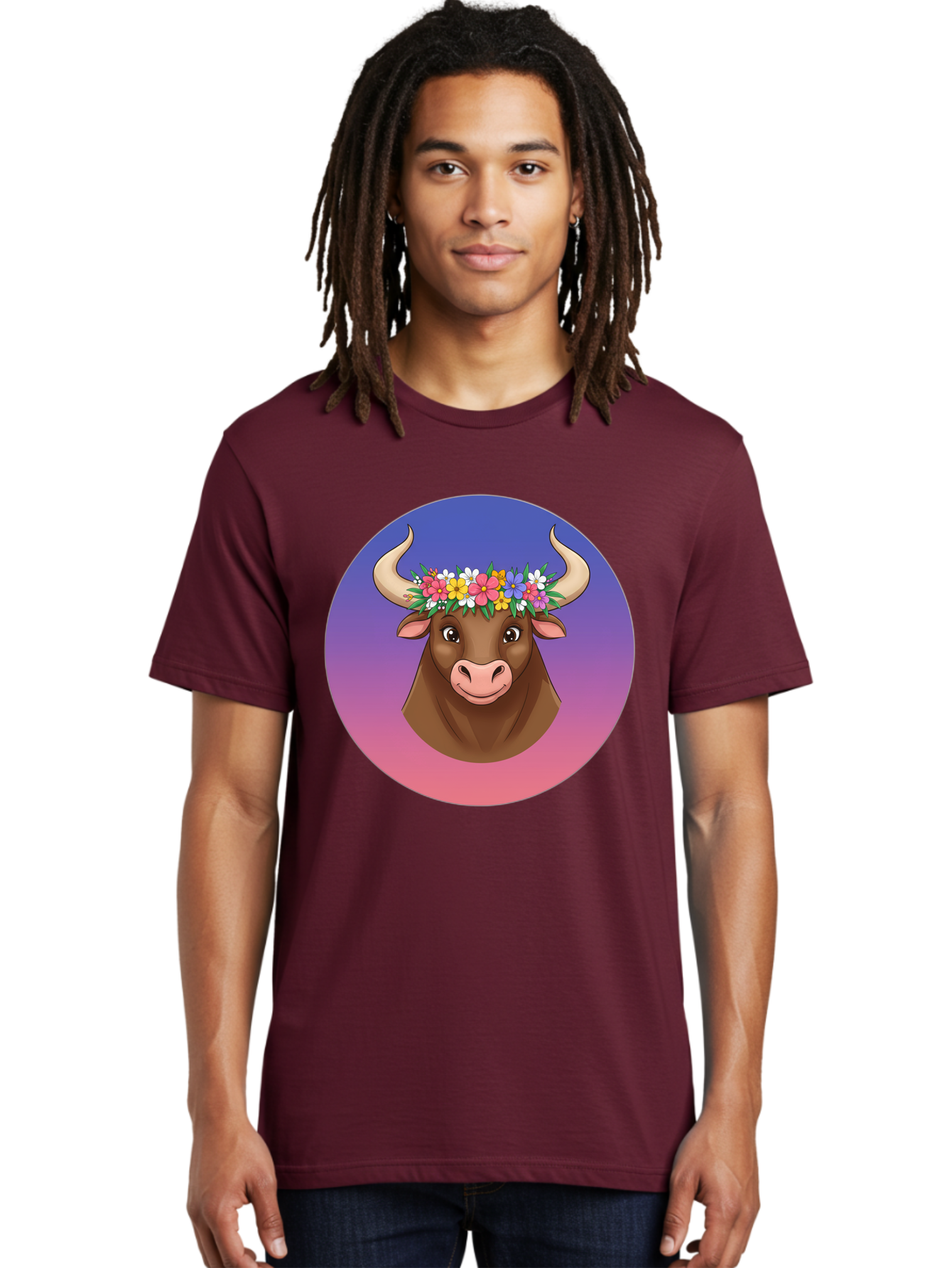 Cow-With-Flowers Men'S Graphic Tee, 100% Cotton, Comfortable Casual Summer Wear, Machine Washable, Cartoon Cow, Floral Crown, Colorful Flowers, Animal Illustration, Vibrant Colors, Whimsical Art, Happy Cow, Flower Power, Nature-Inspired Design Bae158