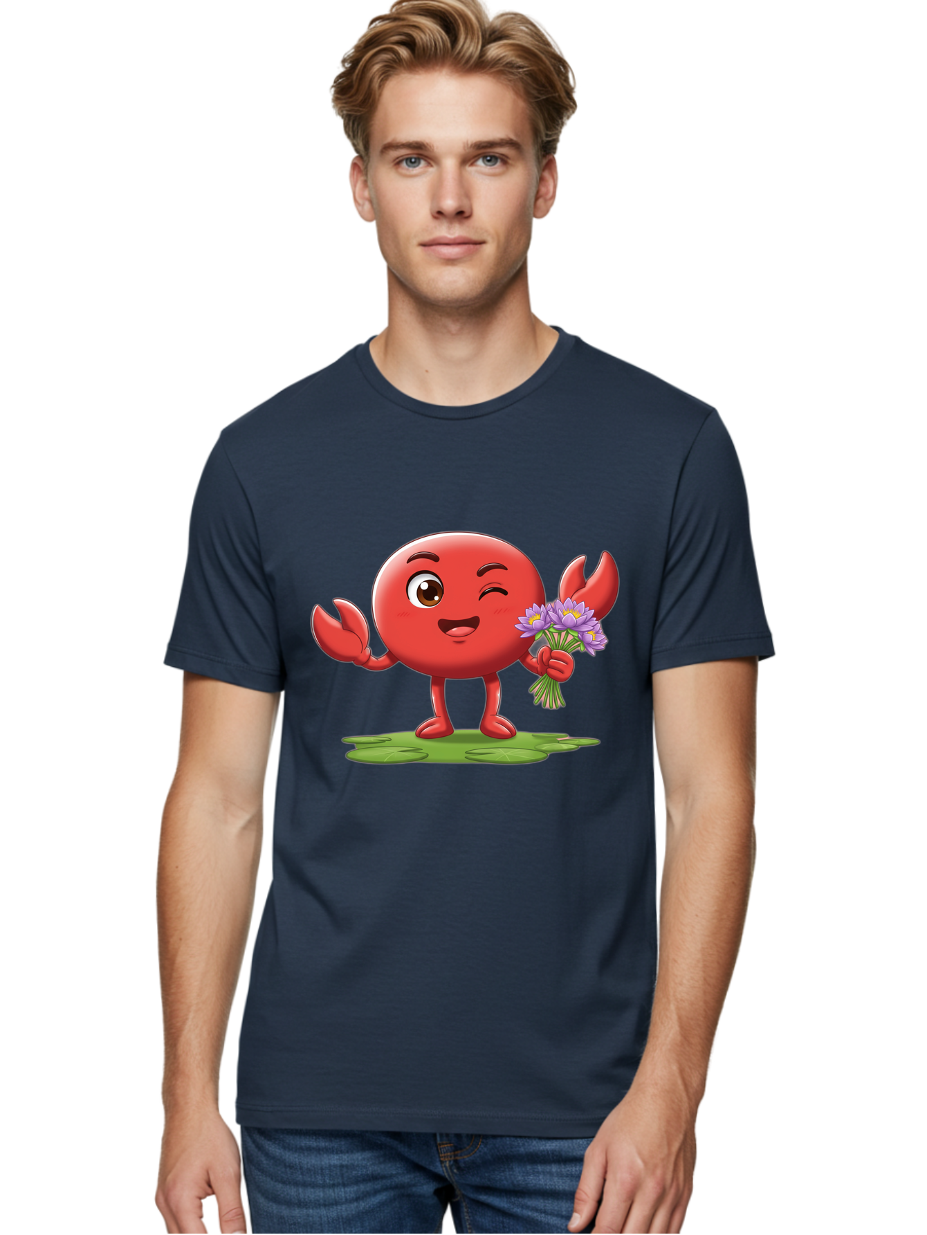Crab-Character Men'S Graphic Tee, 100% Cotton, Comfortable Casual Summer Wear, Machine Washable, Cartoon Crab, Round Body, Red Crustacean, Happy Expression, Winking Eye, Waving Claw, Holding Flowers, Purple Blooms, Green Lily Pad, Bae160