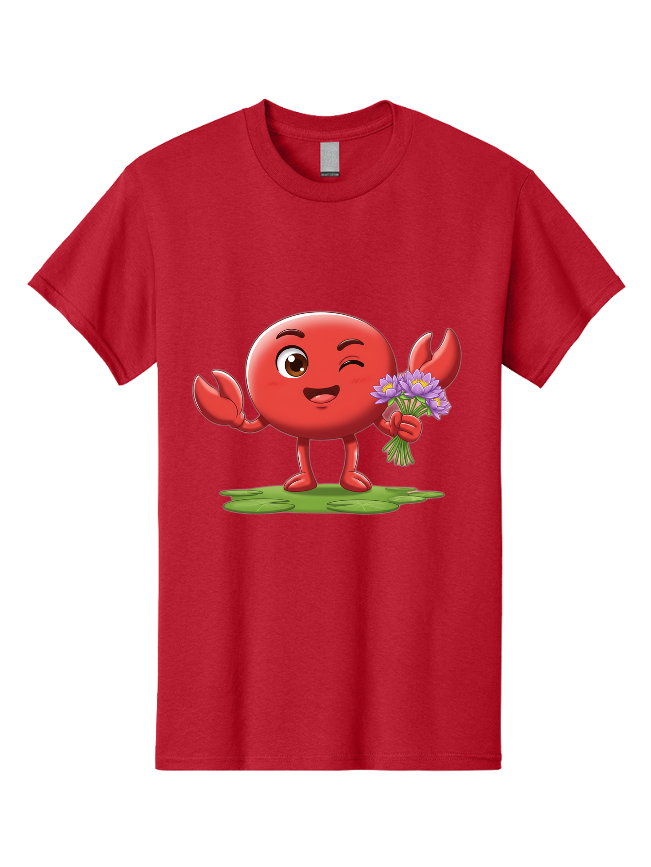 Crab-Character Men'S Graphic Tee, 100% Cotton, Comfortable Casual Summer Wear, Machine Washable, Cartoon Crab, Round Body, Red Crustacean, Happy Expression, Winking Eye, Waving Claw, Holding Flowers, Purple Blooms, Green Lily Pad, Bae160