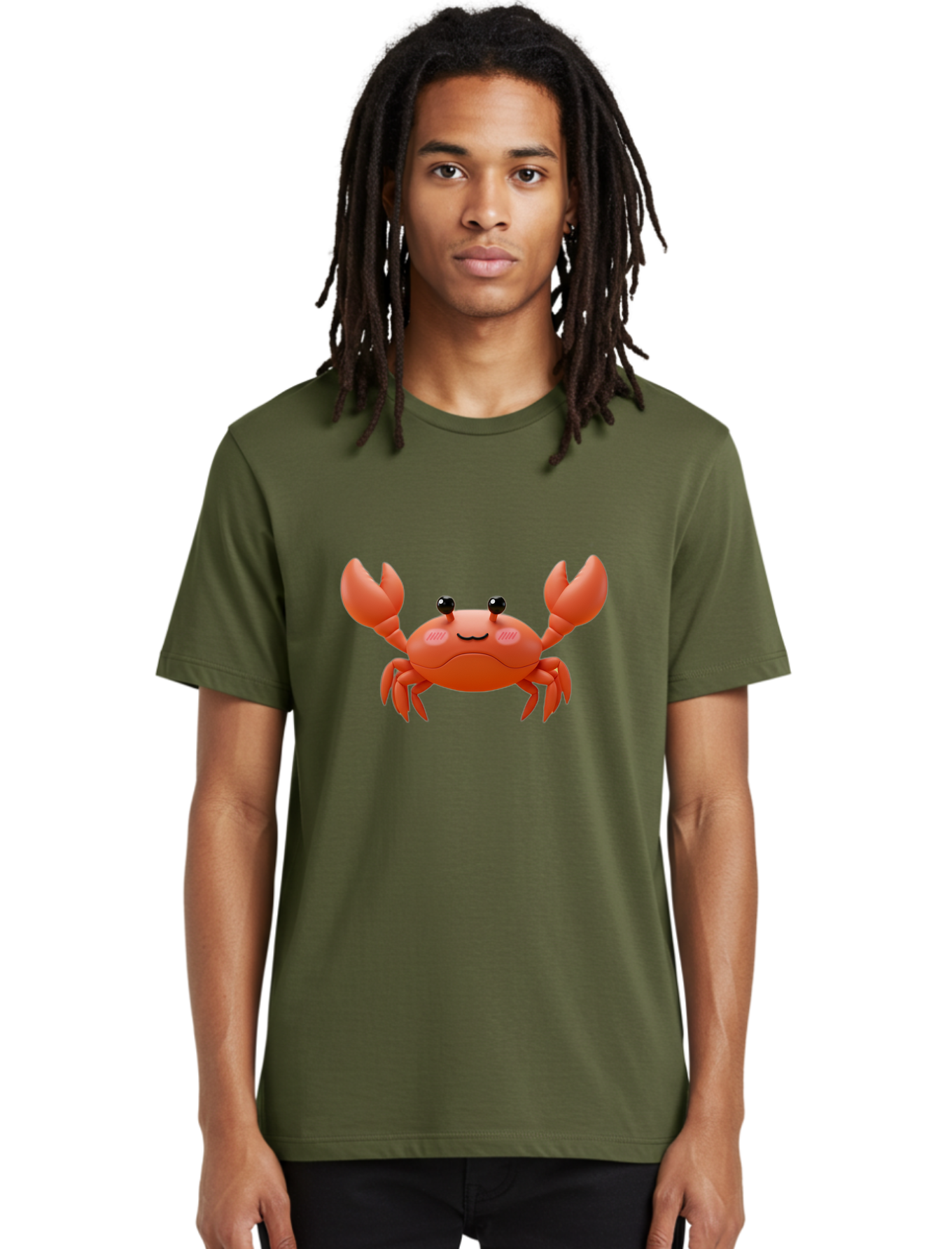 Crab-Emoji Men'S Graphic Tee, 100% Cotton, Comfortable Casual Summer Wear, Machine Washable, Cartoon Crab, Red Crustacean, Smiling Face, Black Eyes, Raised Claws, Cute Emoji, Playful Expression, Digital Illustration, 3D Character Bae161