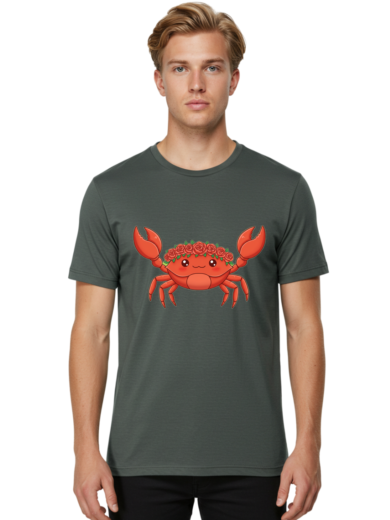 Crab-Wearing-Rose-Crown Men'S Graphic Tee, 100% Cotton, Comfortable Casual Summer Wear, Machine Washable, Cartoon Crab, Red Roses, Floral Crown, Cute Crustacean, Smiling Face, Red Crab, Rose Wreath, Kawaii Art Bae162