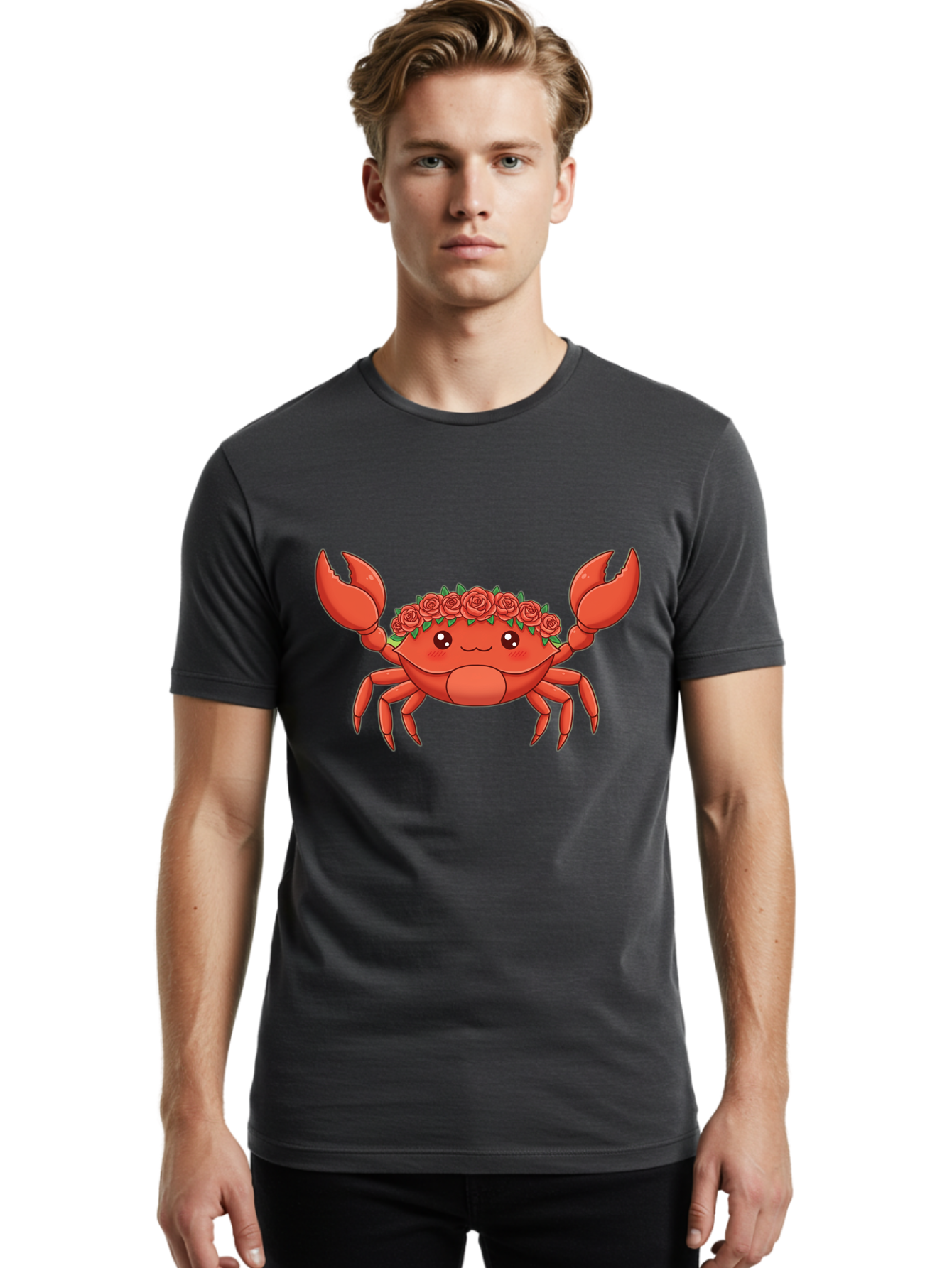 Crab-Wearing-Rose-Crown Men'S Graphic Tee, 100% Cotton, Comfortable Casual Summer Wear, Machine Washable, Cartoon Crab, Red Roses, Floral Crown, Cute Crustacean, Smiling Face, Red Crab, Rose Wreath, Kawaii Art Bae162