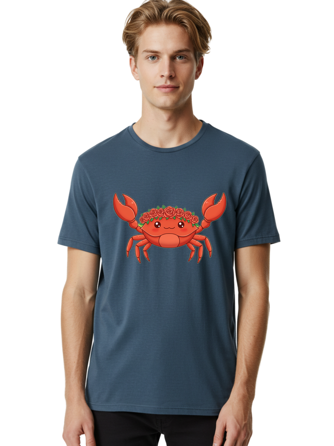 Crab-Wearing-Rose-Crown Men'S Graphic Tee, 100% Cotton, Comfortable Casual Summer Wear, Machine Washable, Cartoon Crab, Red Roses, Floral Crown, Cute Crustacean, Smiling Face, Red Crab, Rose Wreath, Kawaii Art Bae162
