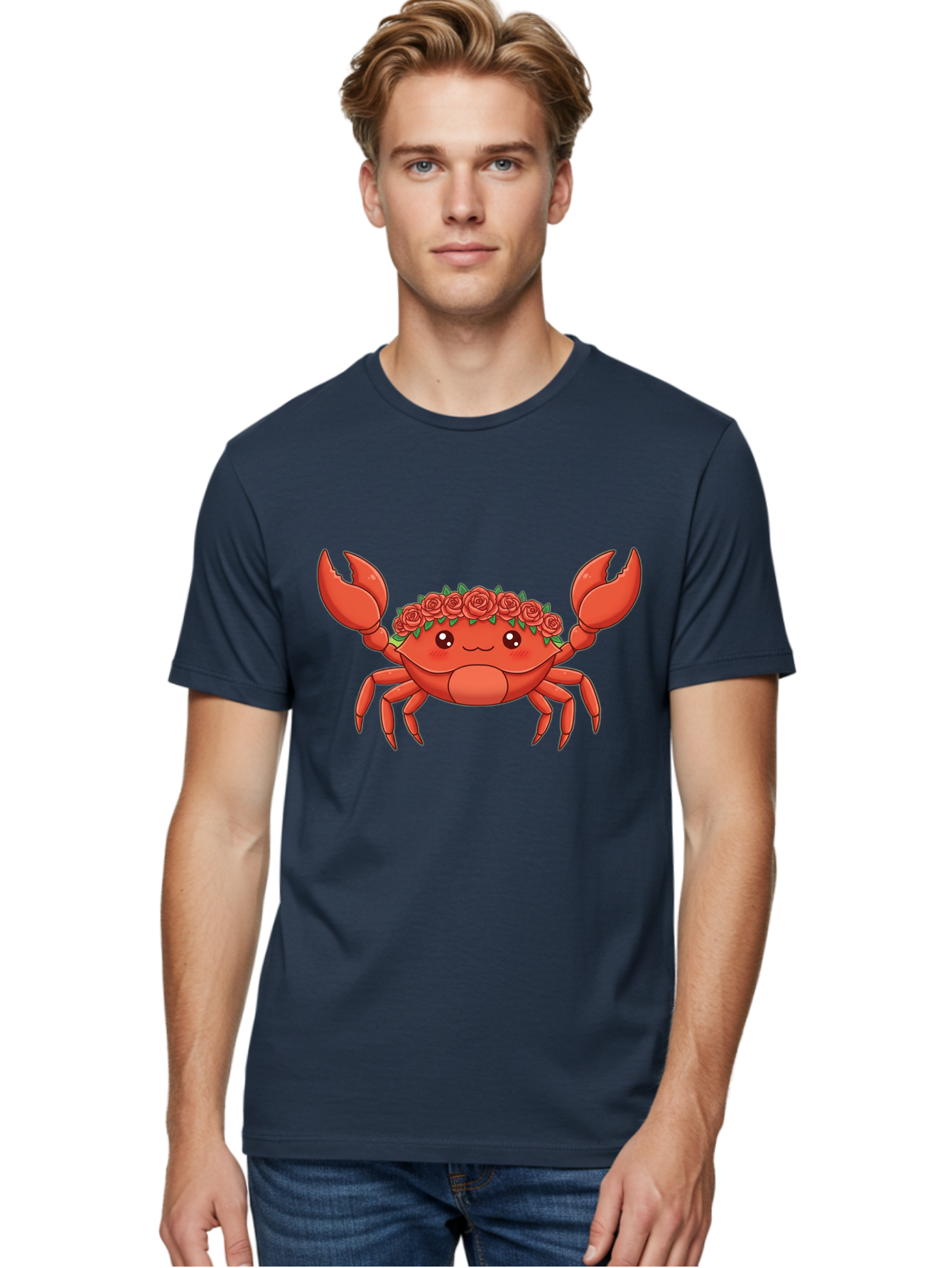 Crab-Wearing-Rose-Crown Men'S Graphic Tee, 100% Cotton, Comfortable Casual Summer Wear, Machine Washable, Cartoon Crab, Red Roses, Floral Crown, Cute Crustacean, Smiling Face, Red Crab, Rose Wreath, Kawaii Art Bae162