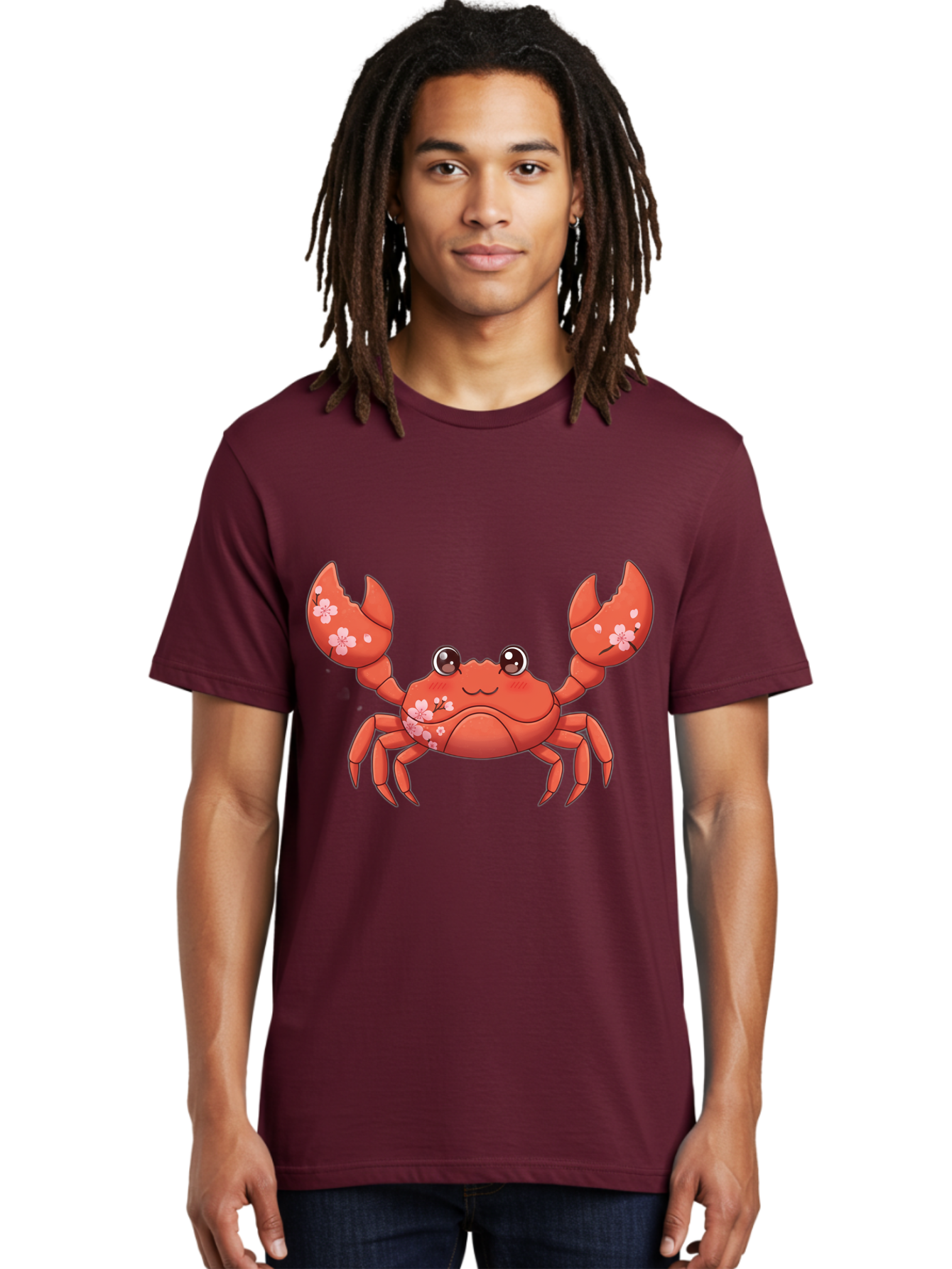 Crab-With-Cherry-Blossoms Men'S Graphic Tee, 100% Cotton, Comfortable Casual Summer Wear, Machine Washable, Cartoon Crab, Cherry Blossoms, Pink Flowers, Cute Crustacean, Anime Style, Kawaii Art, Red Crab, Floral Decorations, Ocean Creature Bae163
