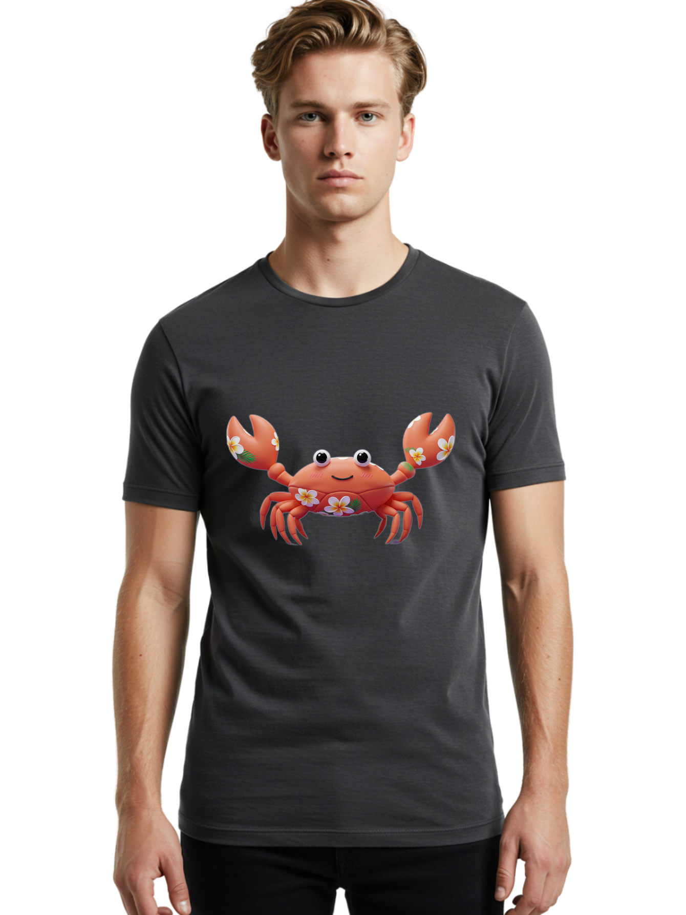 Crab-With-Flowers-1 Men'S Graphic Tee, 100% Cotton, Comfortable Casual Summer Wear, Machine Washable, Cartoon Crab, Floral Decoration, Orange Crustacean, Tropical Flowers, Smiling Face, Cute Design, Beach Theme, Island Vibes, Playful Character Bae164