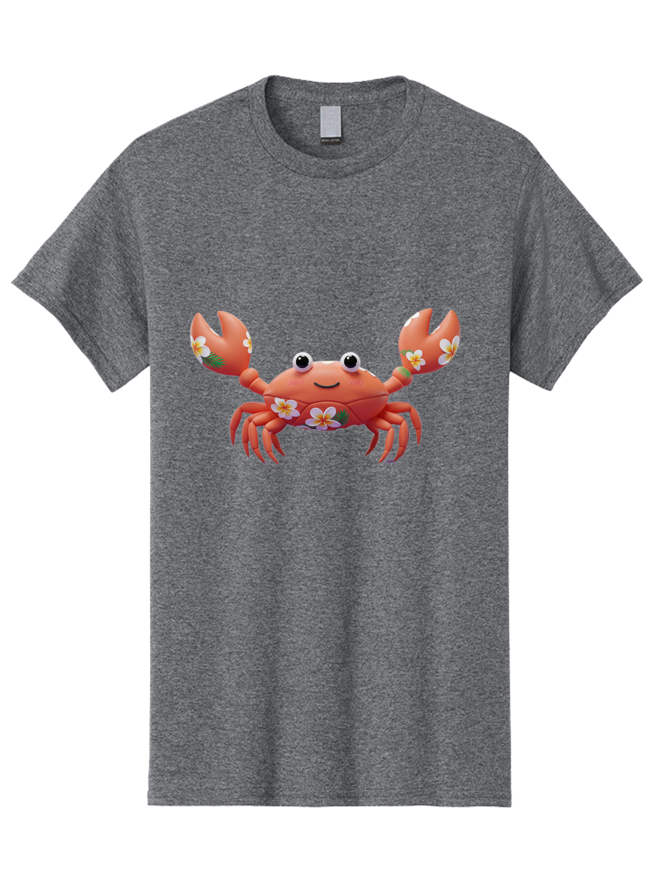 Crab-With-Flowers-1 Men'S Graphic Tee, 100% Cotton, Comfortable Casual Summer Wear, Machine Washable, Cartoon Crab, Floral Decoration, Orange Crustacean, Tropical Flowers, Smiling Face, Cute Design, Beach Theme, Island Vibes, Playful Character Bae164
