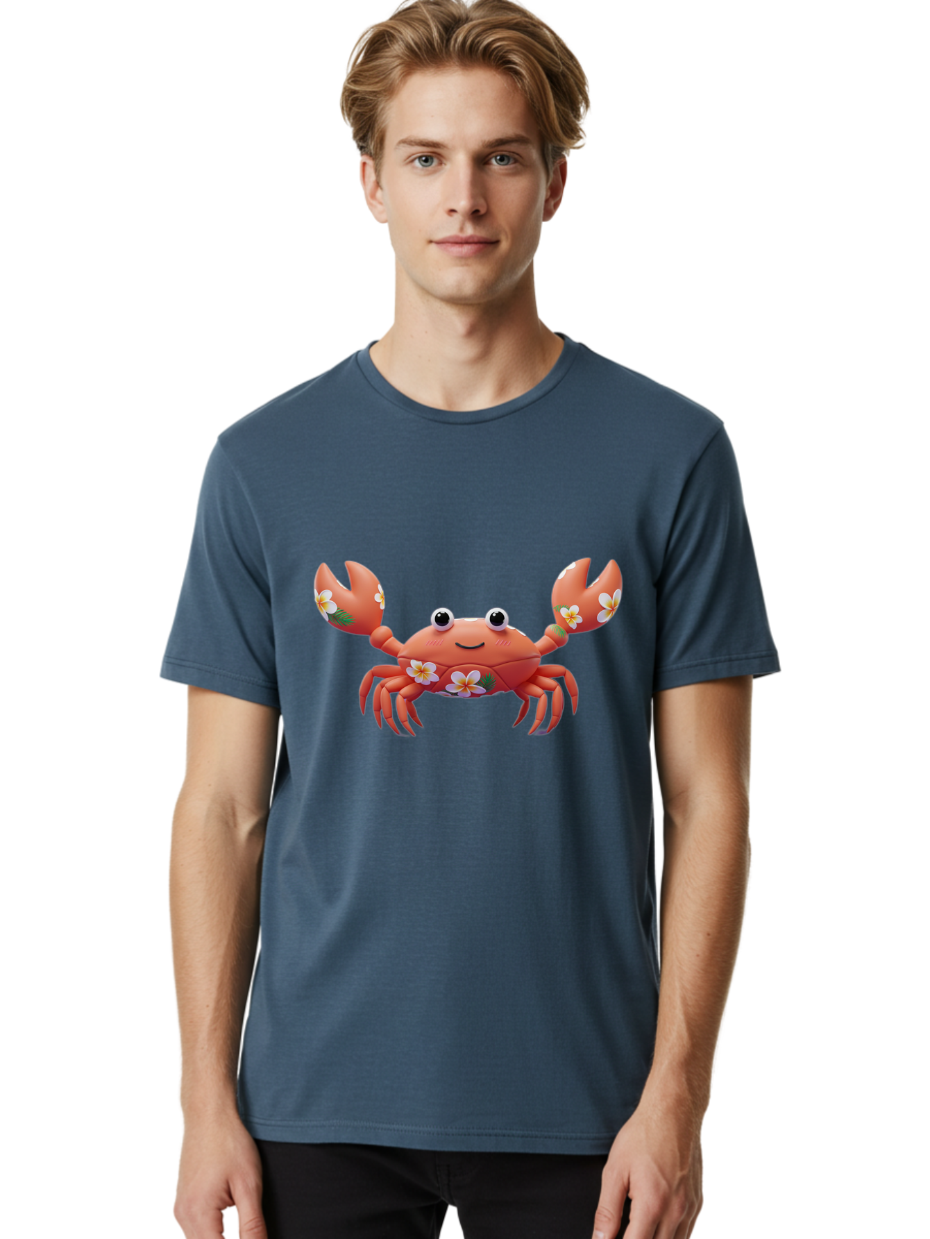 Crab-With-Flowers-1 Men'S Graphic Tee, 100% Cotton, Comfortable Casual Summer Wear, Machine Washable, Cartoon Crab, Floral Decoration, Orange Crustacean, Tropical Flowers, Smiling Face, Cute Design, Beach Theme, Island Vibes, Playful Character Bae164