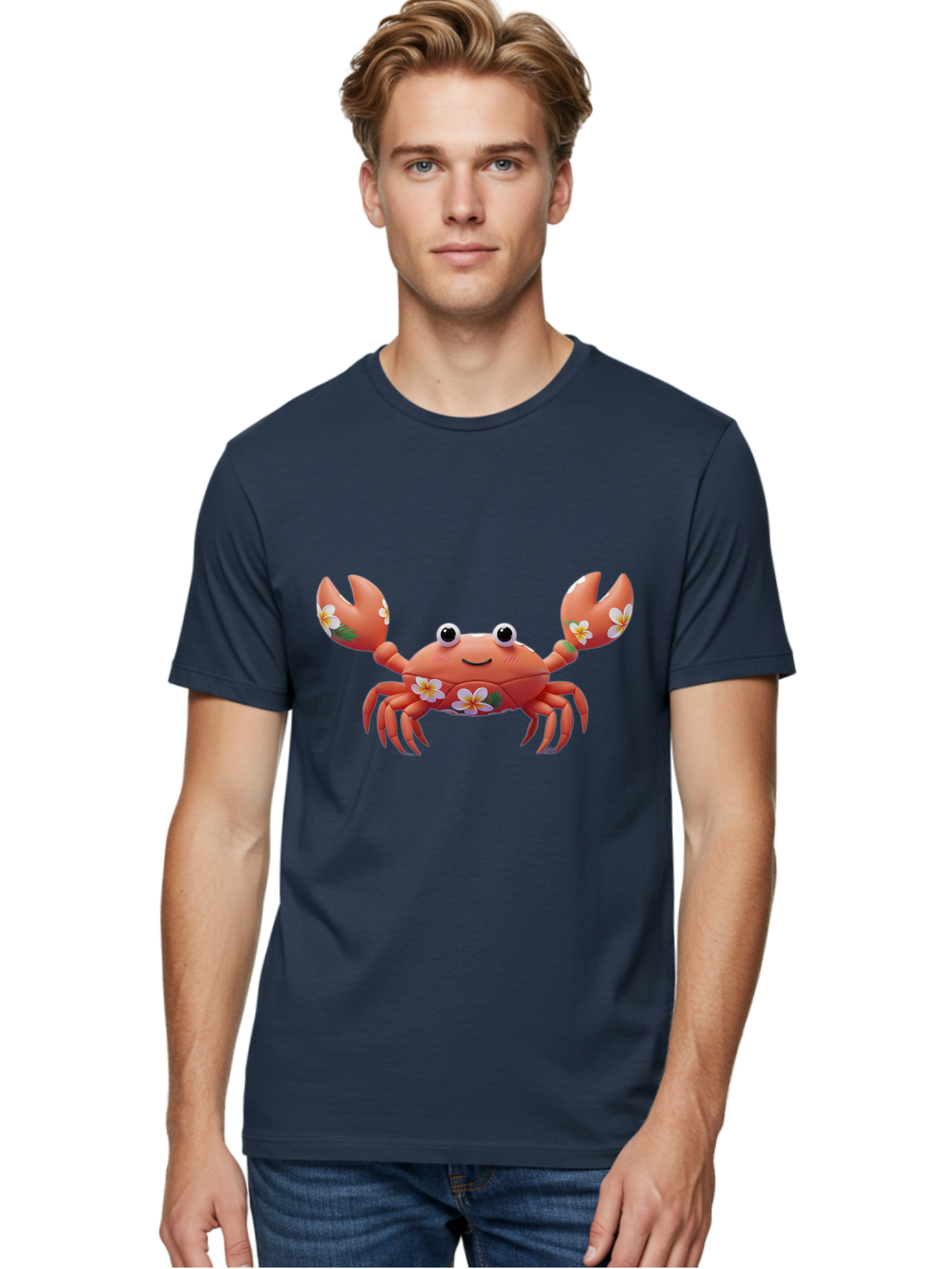 Crab-With-Flowers-1 Men'S Graphic Tee, 100% Cotton, Comfortable Casual Summer Wear, Machine Washable, Cartoon Crab, Floral Decoration, Orange Crustacean, Tropical Flowers, Smiling Face, Cute Design, Beach Theme, Island Vibes, Playful Character Bae164
