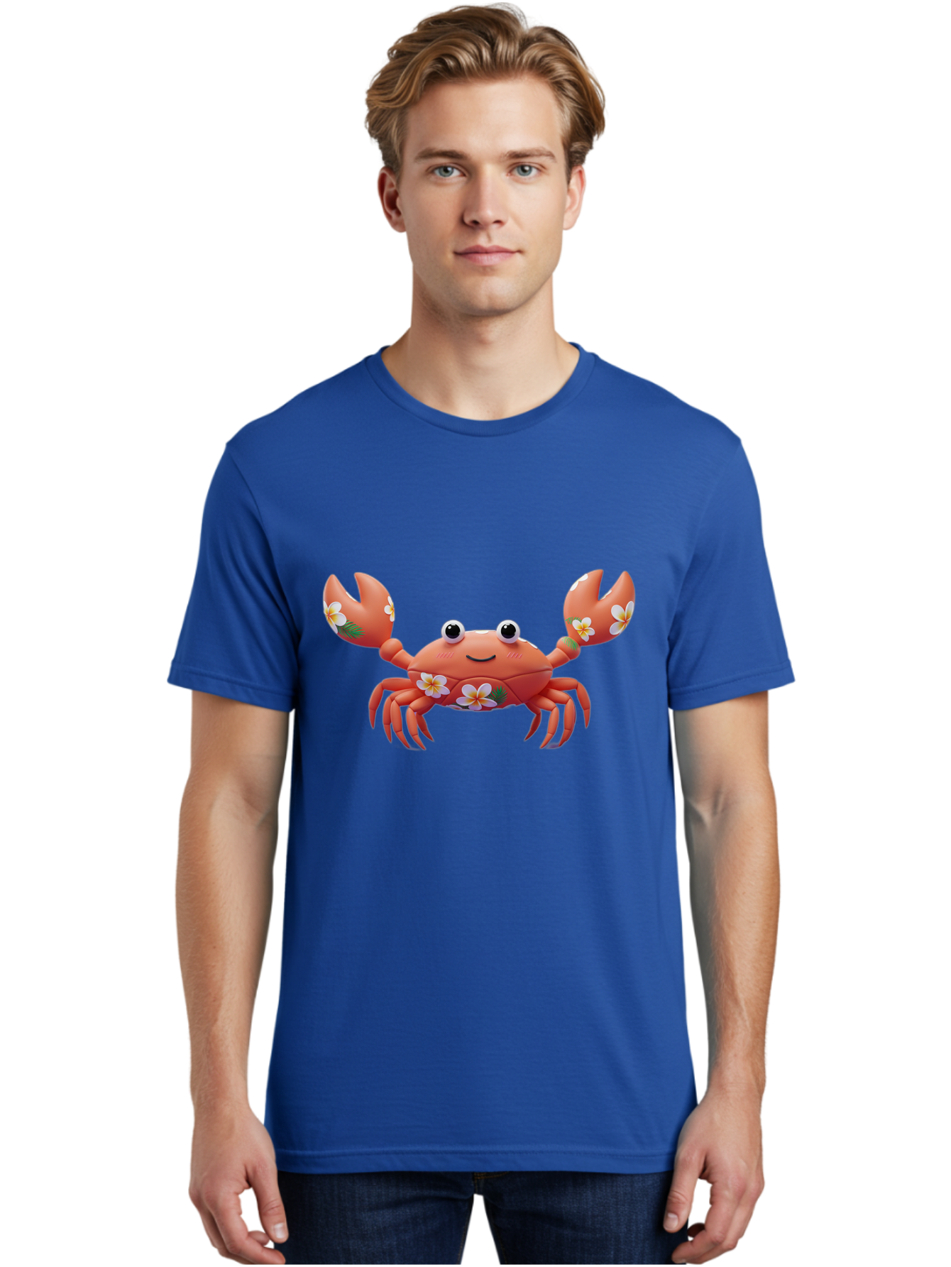 Crab-With-Flowers-1 Men'S Graphic Tee, 100% Cotton, Comfortable Casual Summer Wear, Machine Washable, Cartoon Crab, Floral Decoration, Orange Crustacean, Tropical Flowers, Smiling Face, Cute Design, Beach Theme, Island Vibes, Playful Character Bae164