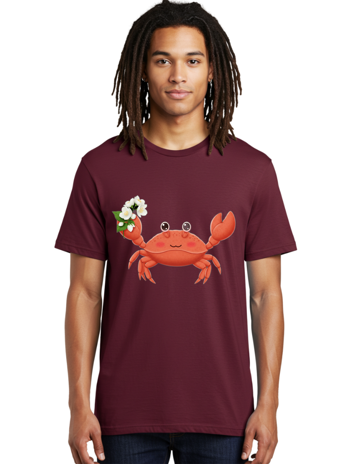 Crab-With-Flowers-2 Men'S Graphic Tee, 100% Cotton, Comfortable Casual Summer Wear, Machine Washable, Cartoon Crab, Pink Crustacean, White Flowers, Green Leaves, Playful Character, Cute Illustration, Kawaii Art, Smiling Crab, Floral Claw, Bae165
