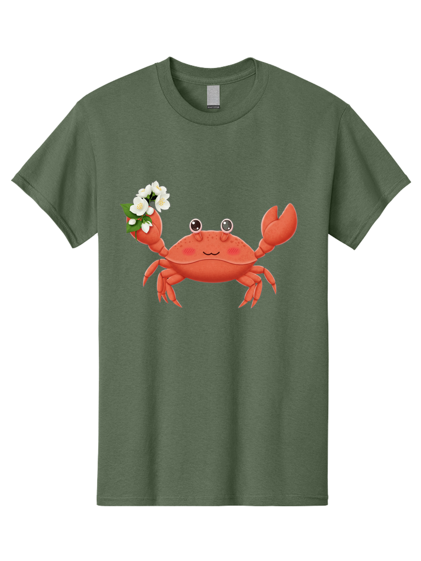 Crab-With-Flowers-2 Men'S Graphic Tee, 100% Cotton, Comfortable Casual Summer Wear, Machine Washable, Cartoon Crab, Pink Crustacean, White Flowers, Green Leaves, Playful Character, Cute Illustration, Kawaii Art, Smiling Crab, Floral Claw, Bae165