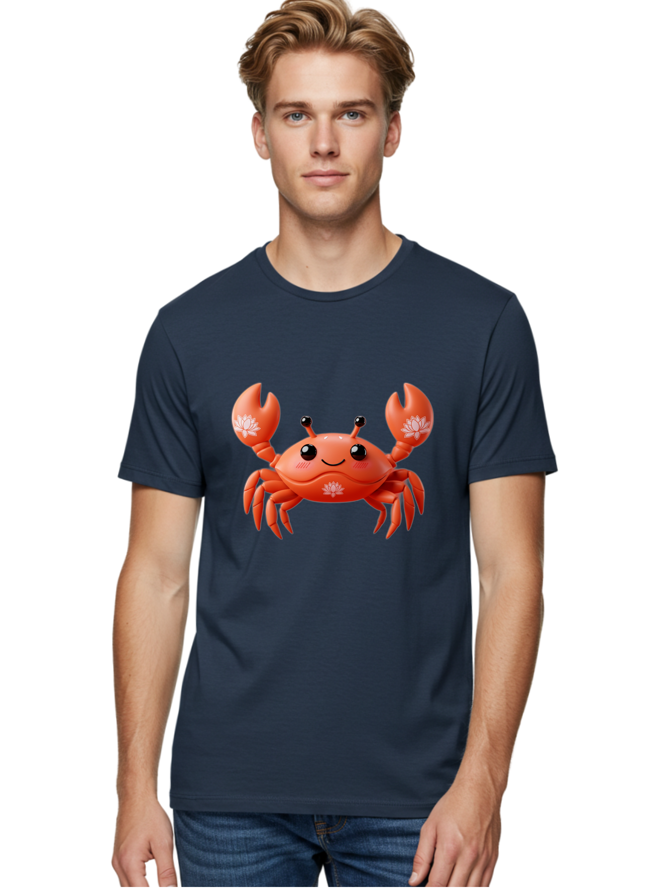 Crab Men'S Graphic Tee, 100% Cotton, Comfortable Casual Summer Wear, Machine Washable, Smiling Crab, Lotus Flower Designs, Cartoon Crustacean, Orange Shellfish, Kawaii Character, Digital Illustration, Sea Creature, Cheerful Animal, Bae167