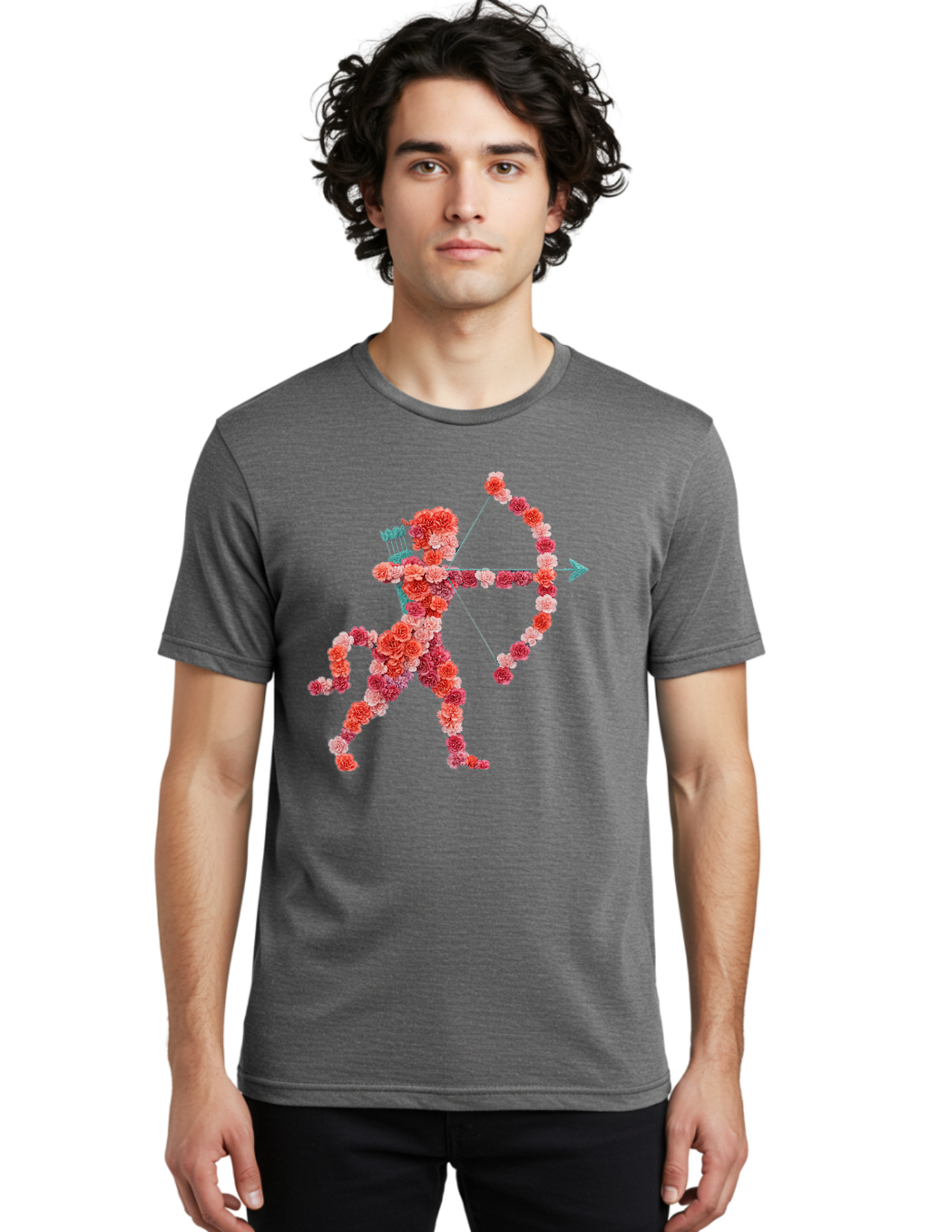 Cupid Men'S Graphic Tee, 100% Cotton, Comfortable Casual Summer Wear, Machine Washable, Cupid Made Of Flowers, Floral Art, Cute Cupid, Flower Power, Love Symbol, Valentine'S Day, Romance, Bow And Arrow, Pink Roses Bae168