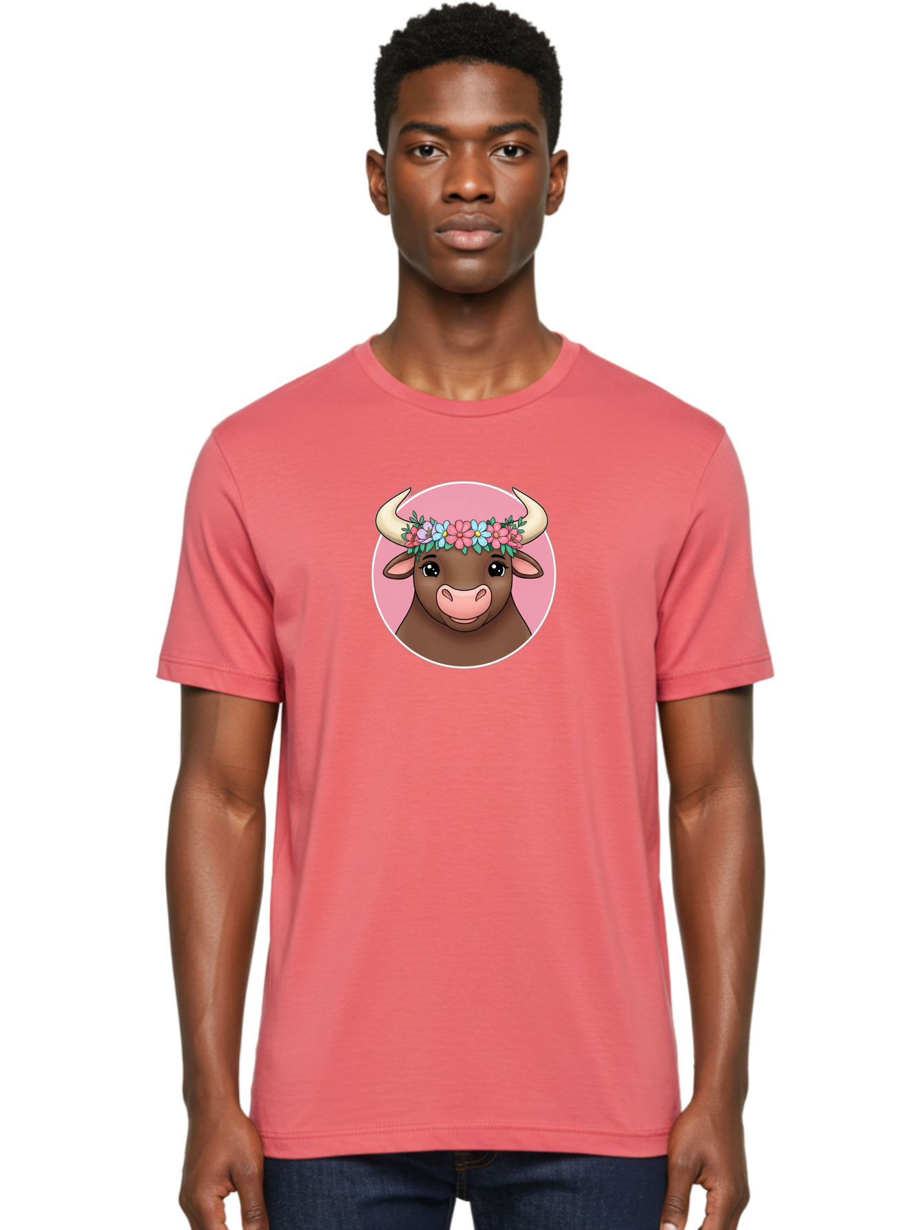 Cute-Bull-With-Flowers Men'S Graphic Tee, 100% Cotton, Comfortable Casual Summer Wear, Machine Washable, Cartoon Bull, Floral Wreath, Cute Animal, Pastel Colors, Adorable Illustration, Charming Design, Whimsical Art, Lovely Cow, Bae169