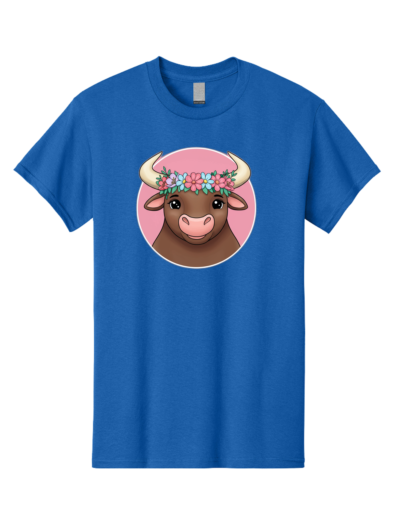 Cute-Bull-With-Flowers Men'S Graphic Tee, 100% Cotton, Comfortable Casual Summer Wear, Machine Washable, Cartoon Bull, Floral Wreath, Cute Animal, Pastel Colors, Adorable Illustration, Charming Design, Whimsical Art, Lovely Cow, Bae169