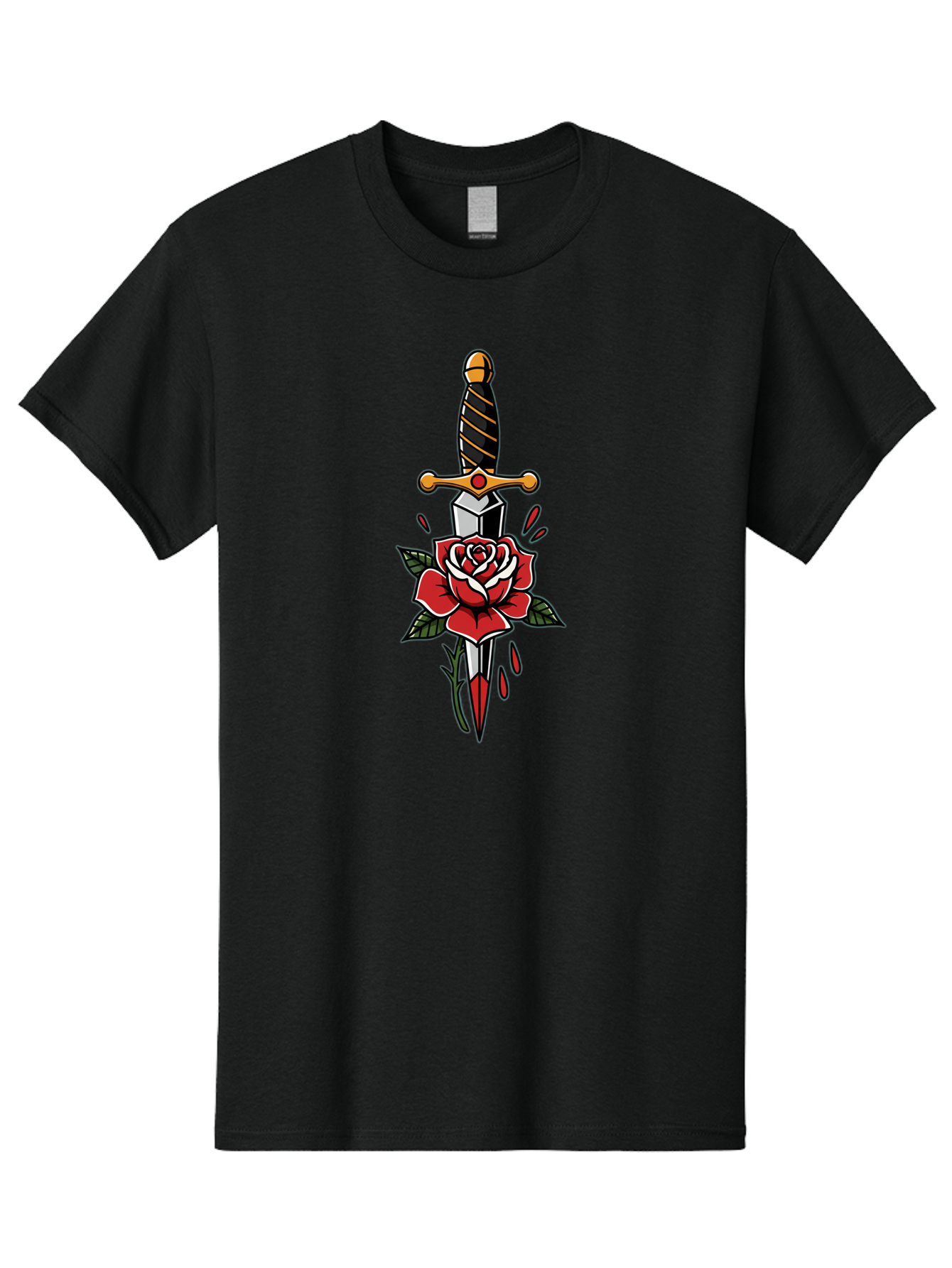 Dagger-And-Rose-1 Men'S Graphic Tee, 100% Cotton, Comfortable Casual Summer Wear, Machine Washable, Dagger Piercing Rose, Red Rose, Sharp Dagger, Blood Splatter, Body Art, Tattoo Art, Traditional Tattoo, Bold Lines, Vibrant Red Bae170