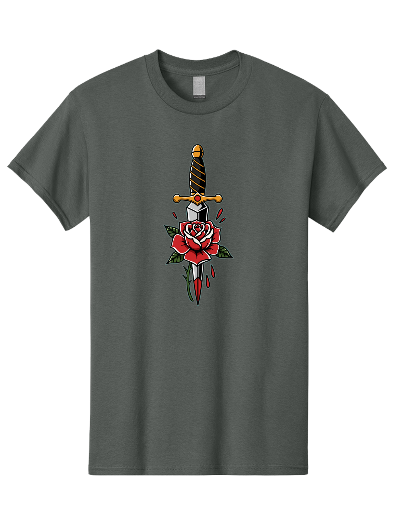Dagger-And-Rose-1 Men'S Graphic Tee, 100% Cotton, Comfortable Casual Summer Wear, Machine Washable, Dagger Piercing Rose, Red Rose, Sharp Dagger, Blood Splatter, Body Art, Tattoo Art, Traditional Tattoo, Bold Lines, Vibrant Red Bae170