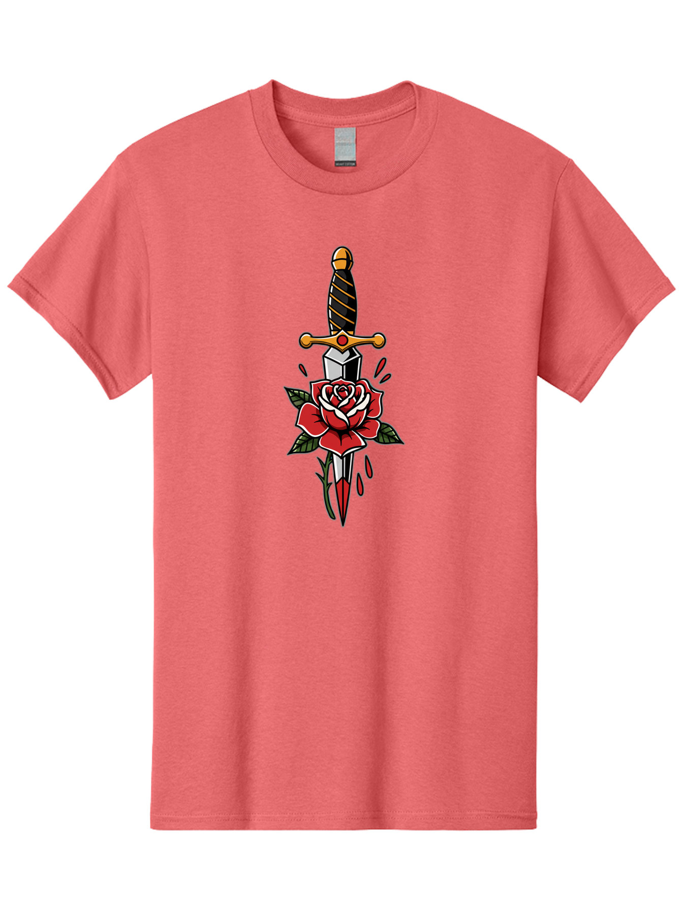 Dagger-And-Rose-1 Men'S Graphic Tee, 100% Cotton, Comfortable Casual Summer Wear, Machine Washable, Dagger Piercing Rose, Red Rose, Sharp Dagger, Blood Splatter, Body Art, Tattoo Art, Traditional Tattoo, Bold Lines, Vibrant Red Bae170