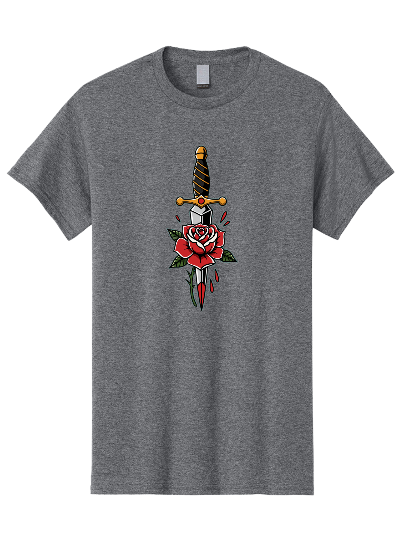 Dagger-And-Rose-1 Men'S Graphic Tee, 100% Cotton, Comfortable Casual Summer Wear, Machine Washable, Dagger Piercing Rose, Red Rose, Sharp Dagger, Blood Splatter, Body Art, Tattoo Art, Traditional Tattoo, Bold Lines, Vibrant Red Bae170