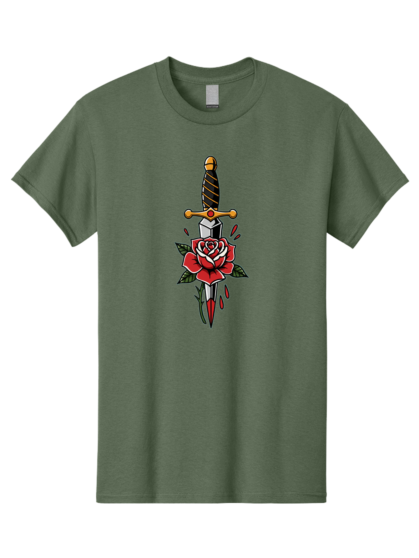 Dagger-And-Rose-1 Men'S Graphic Tee, 100% Cotton, Comfortable Casual Summer Wear, Machine Washable, Dagger Piercing Rose, Red Rose, Sharp Dagger, Blood Splatter, Body Art, Tattoo Art, Traditional Tattoo, Bold Lines, Vibrant Red Bae170