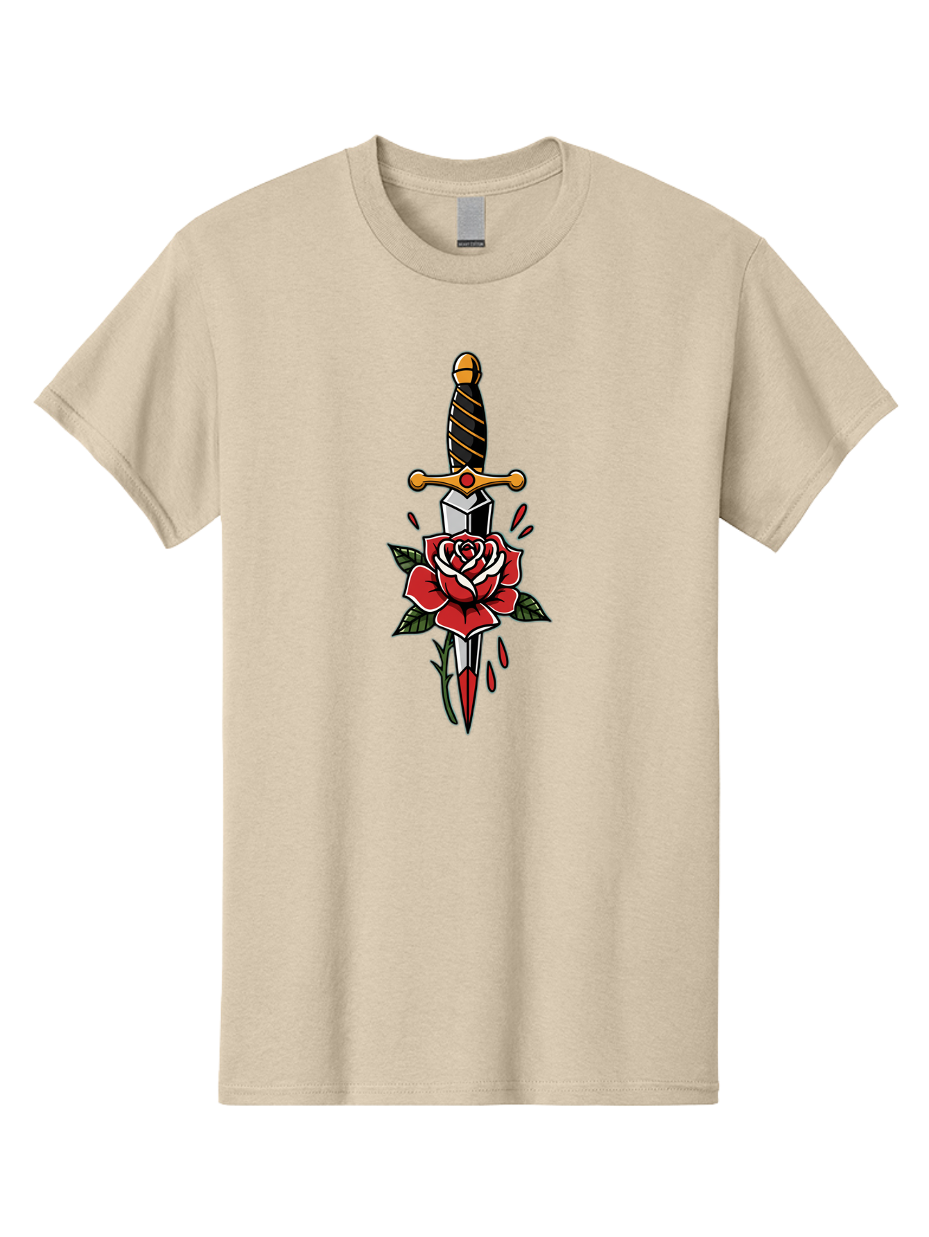 Dagger-And-Rose-1 Men'S Graphic Tee, 100% Cotton, Comfortable Casual Summer Wear, Machine Washable, Dagger Piercing Rose, Red Rose, Sharp Dagger, Blood Splatter, Body Art, Tattoo Art, Traditional Tattoo, Bold Lines, Vibrant Red Bae170