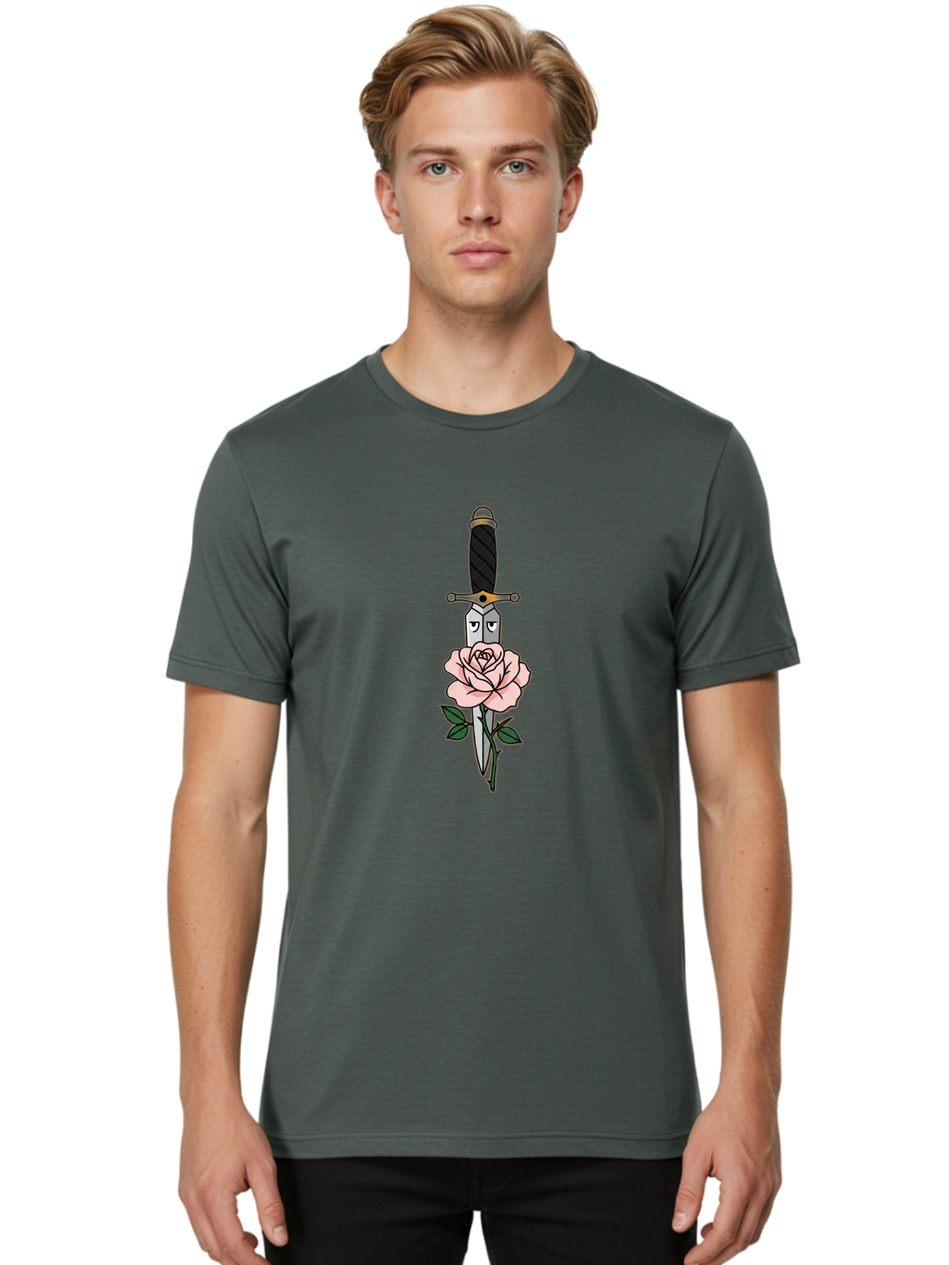 Dagger-And-Rose Men'S Graphic Tee, 100% Cotton, Comfortable Casual Summer Wear, Machine Washable, Dagger Piercing A Rose, Tattoo Art, Floral Design, Sharp Blade, Pink Rose, Gothic Style, Symbolic Imagery, Traditional Tattoo, Bae171