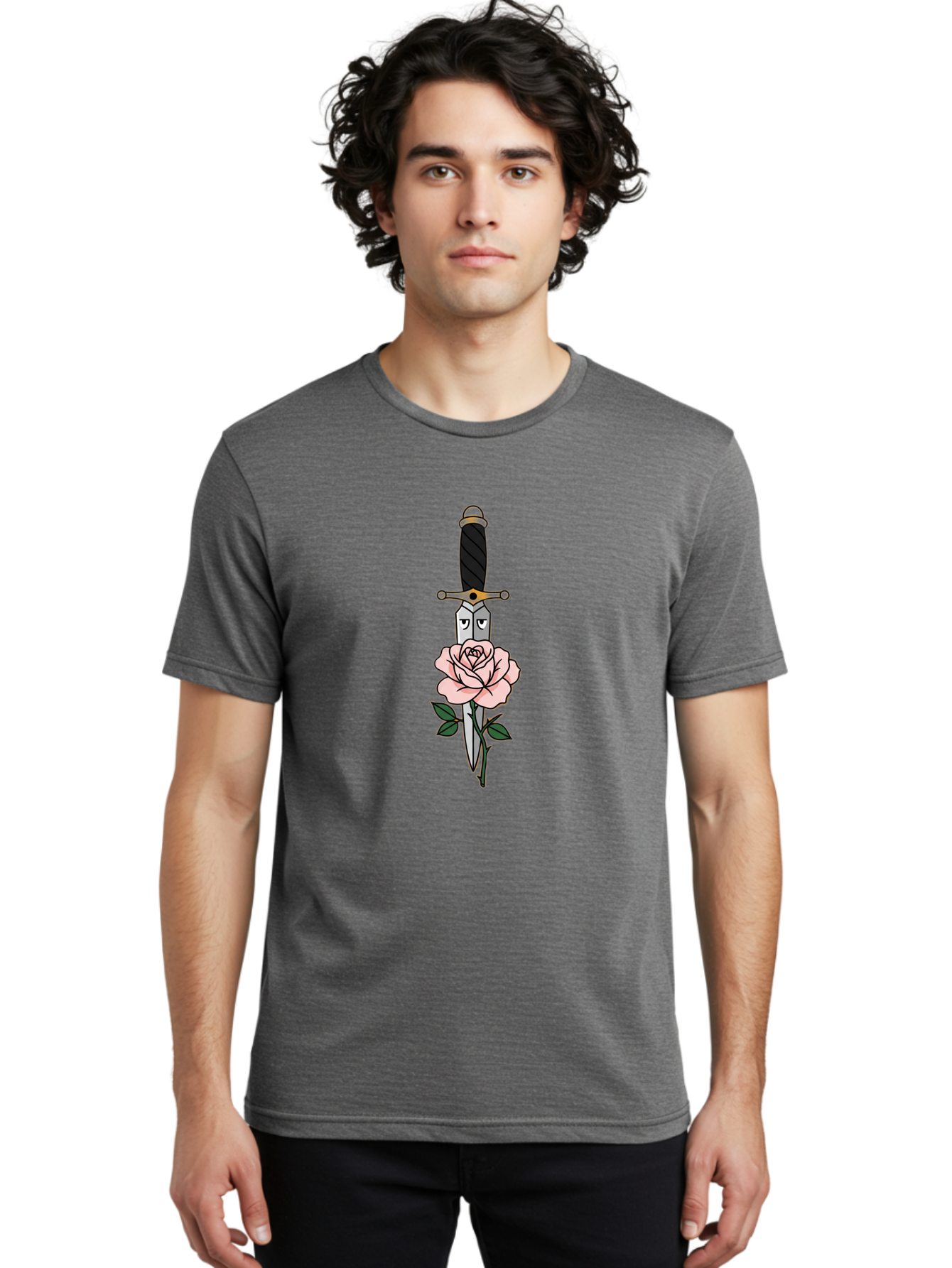 Dagger-And-Rose Men'S Graphic Tee, 100% Cotton, Comfortable Casual Summer Wear, Machine Washable, Dagger Piercing A Rose, Tattoo Art, Floral Design, Sharp Blade, Pink Rose, Gothic Style, Symbolic Imagery, Traditional Tattoo, Bae171