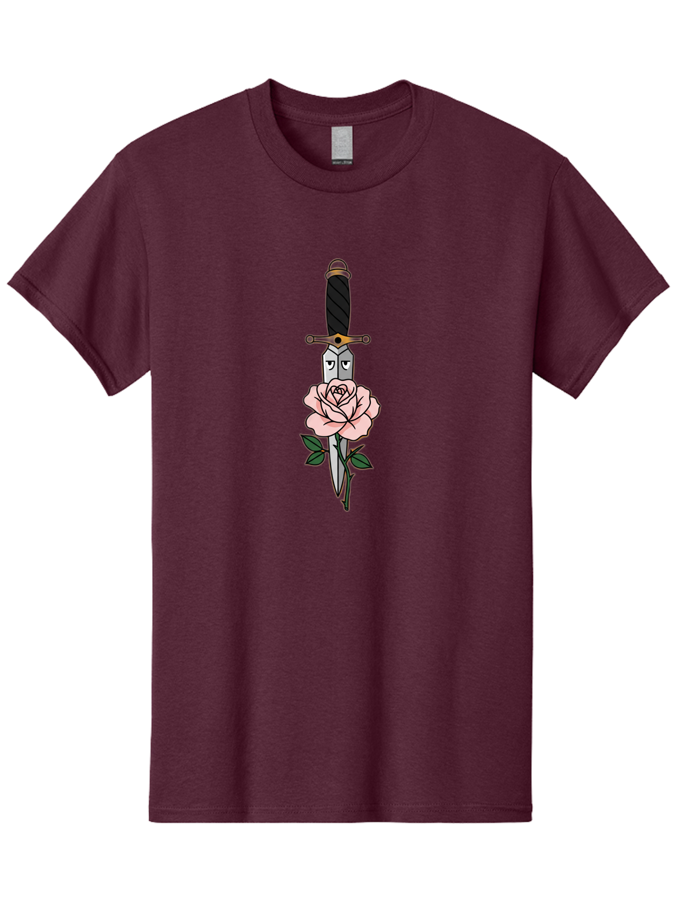 Dagger-And-Rose Men'S Graphic Tee, 100% Cotton, Comfortable Casual Summer Wear, Machine Washable, Dagger Piercing A Rose, Tattoo Art, Floral Design, Sharp Blade, Pink Rose, Gothic Style, Symbolic Imagery, Traditional Tattoo, Bae171
